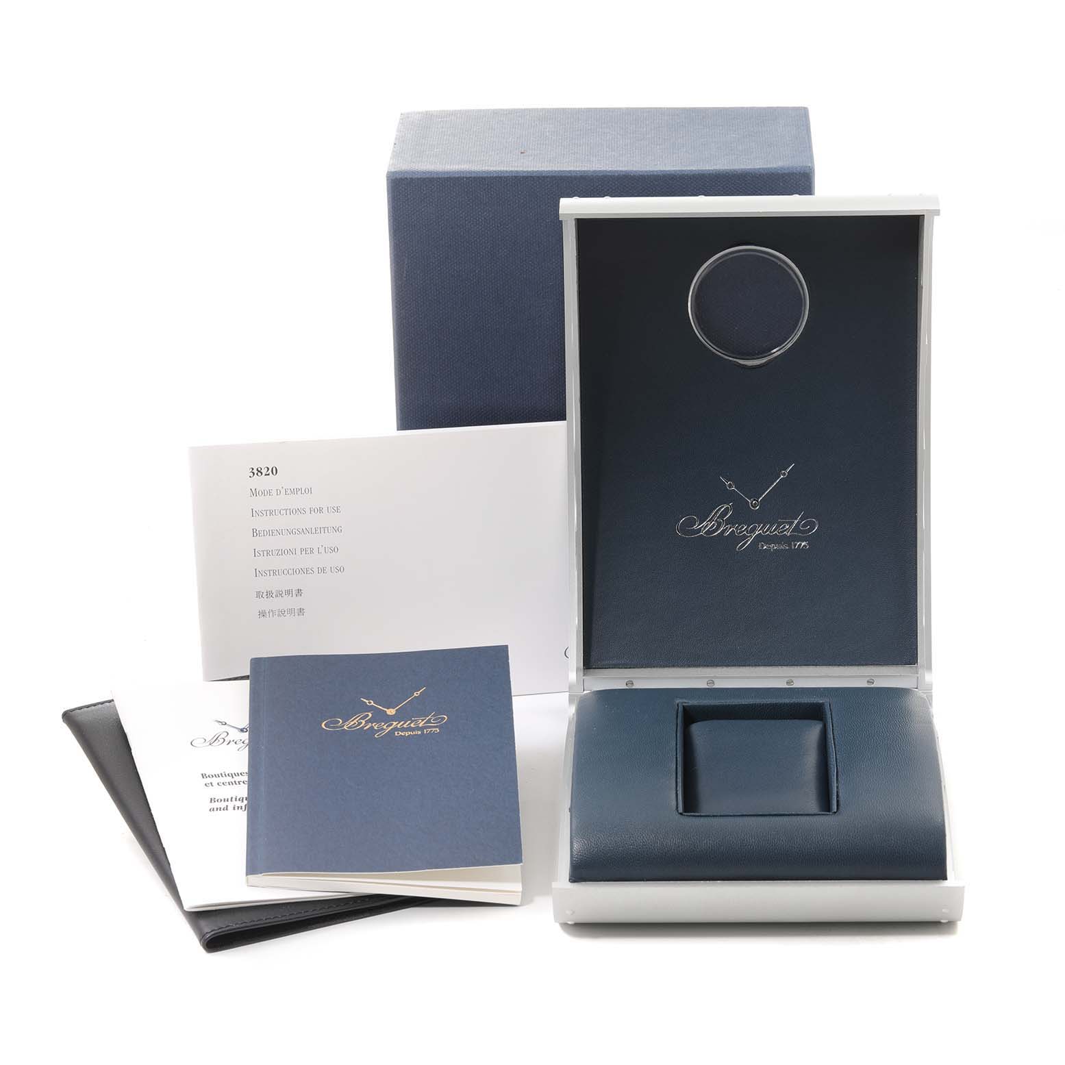 The image displays the packaging, manuals, and cushion for a Breguet Type XX - XXI - XXII 3820ST/H2/9W6 Men's Stainless Steel Black Dial 3820ST/H2/9W6 Men's Stainless Steel Black Dial watch, shown from a frontal angle.