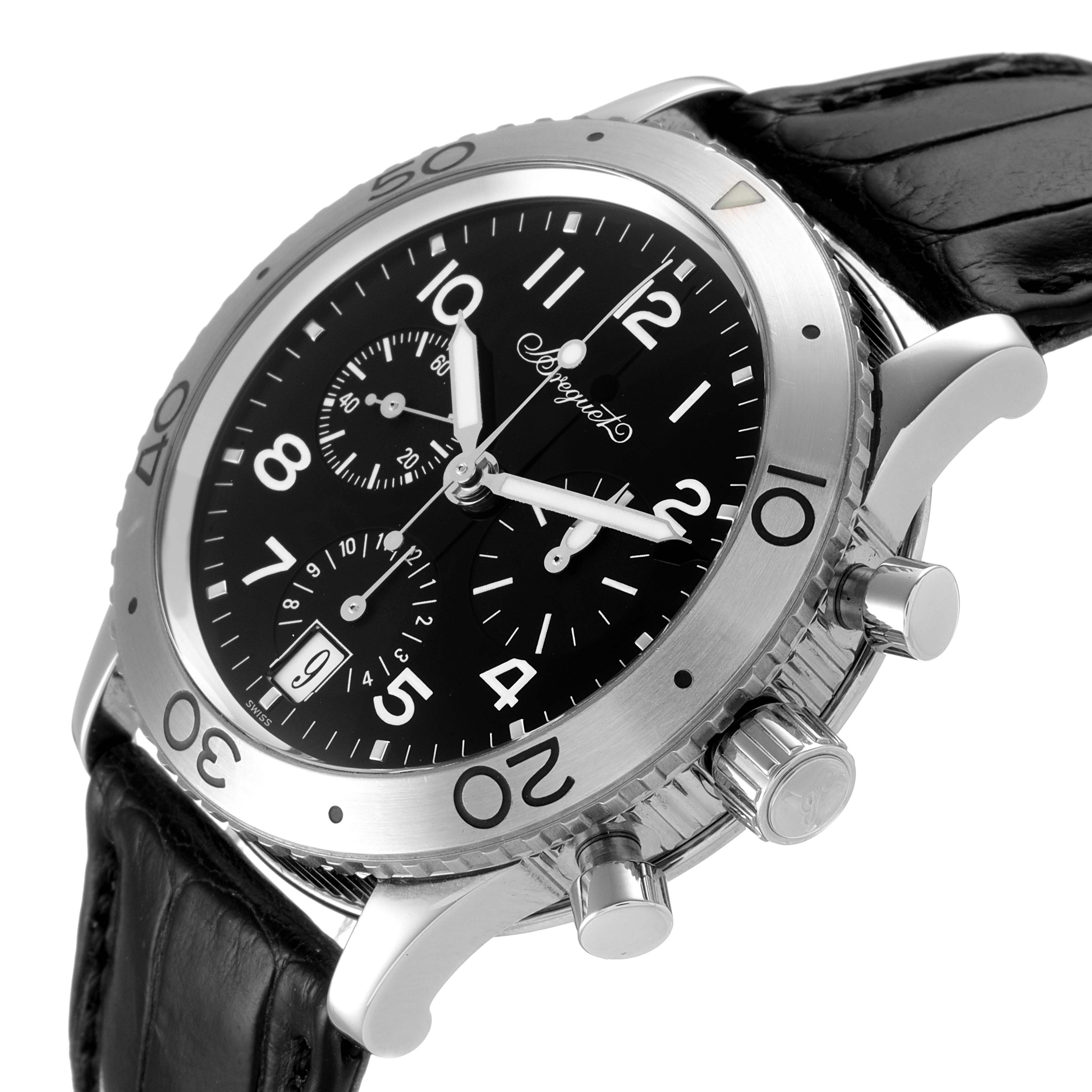 The image shows a Breguet Type XX - XXI - XXII 3820ST/H2/9W6 Men's Stainless Steel Black Dial 3820ST/H2/9W6 Men's Stainless Steel Black Dial watch from a slight angle, highlighting its bezel, dial, pushers, and crown.