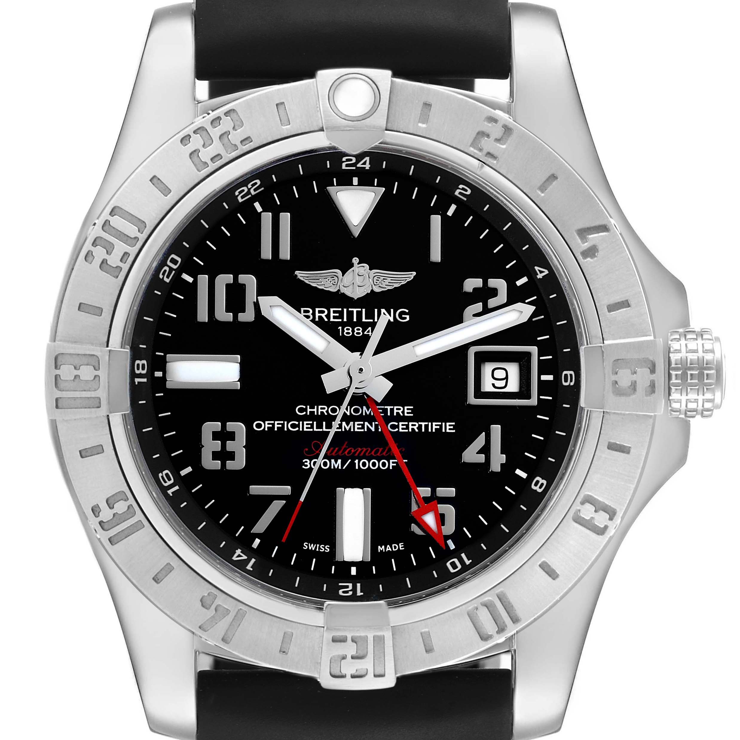 The image shows a front view of a Breitling Avenger A32390 Men's Stainless Steel Black Dial A32390 Men's Stainless Steel Black Dial watch, highlighting its dial, bezel, and strap.