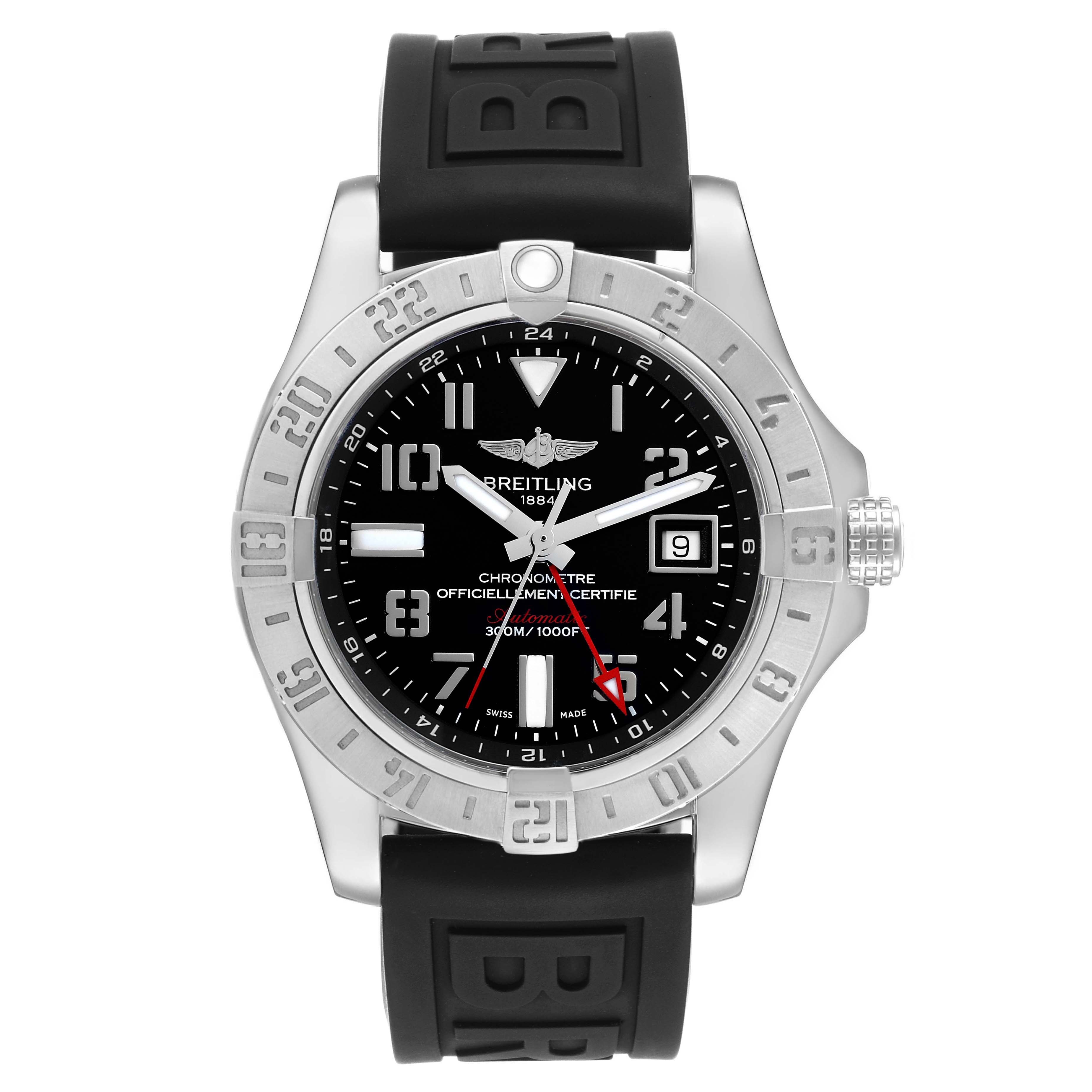The Breitling Avenger A32390 Men's Stainless Steel Black Dial A32390 Men's Stainless Steel Black Dial watch is shown from the front, displaying its face, bezel, and black rubber strap.