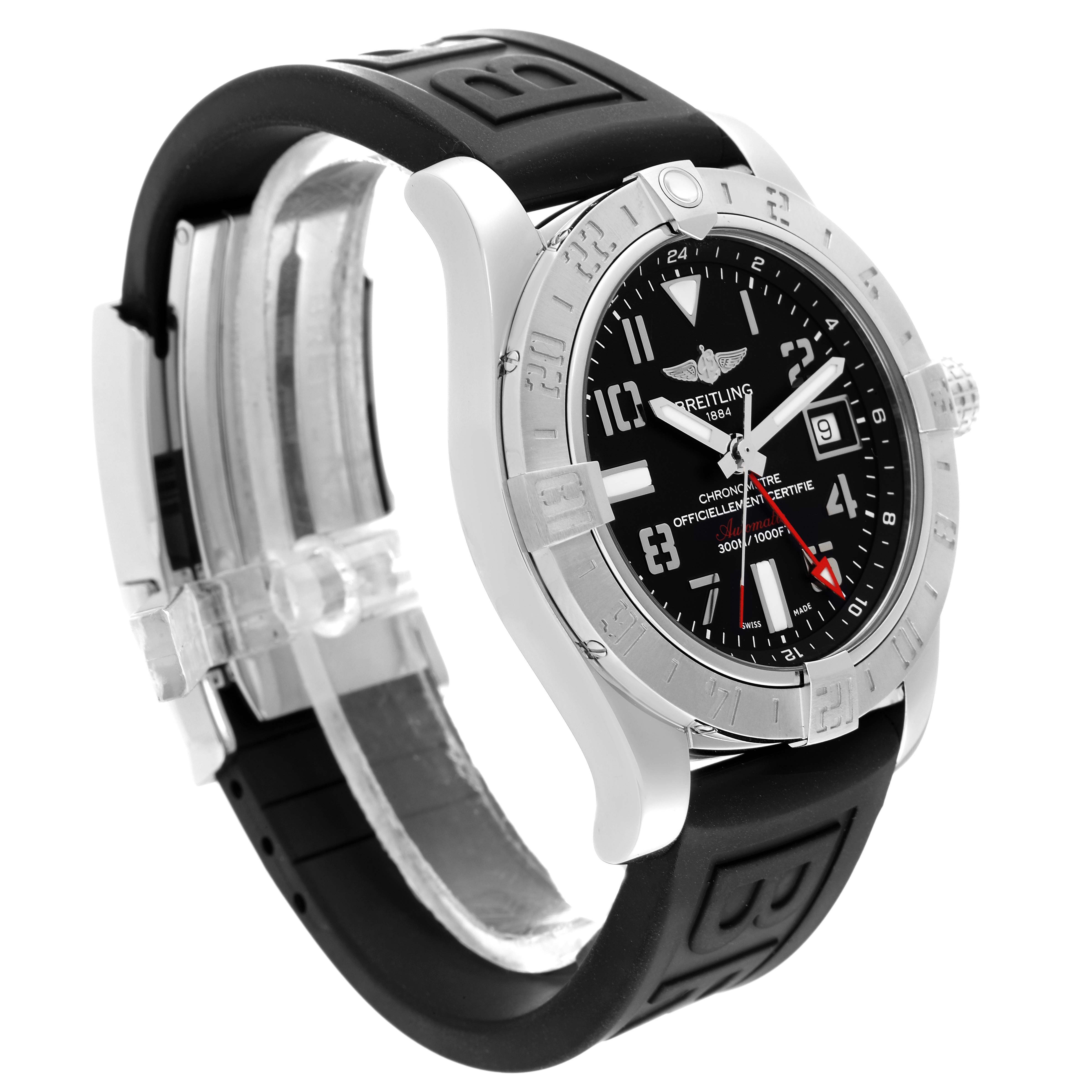 The Breitling Avenger A32390 Men's Stainless Steel Black Dial A32390 Men's Stainless Steel Black Dial watch is shown at a three-quarter angle, displaying its black dial, bezel, crown, and black rubber strap.