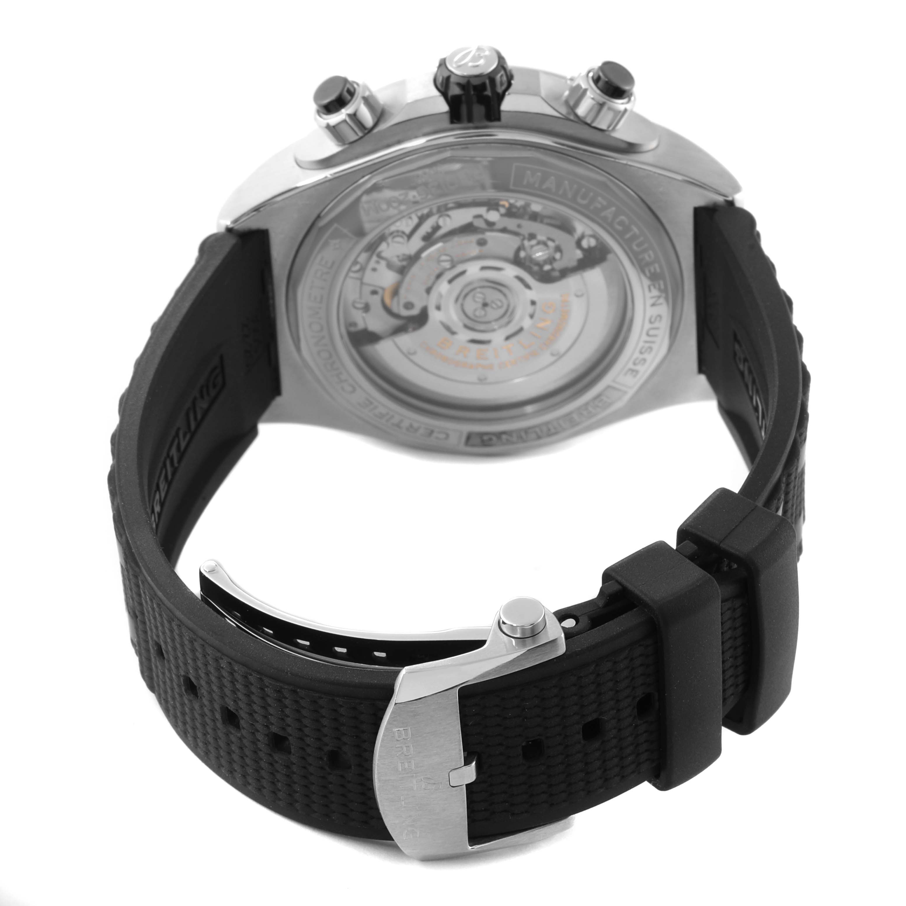 This image shows a rear angle of the Breitling Chronomat PB0136 Men's Stainless Steel Blue Dial PB0136 Men's Stainless Steel Blue Dial watch, highlighting its transparent case back and black rubber strap.