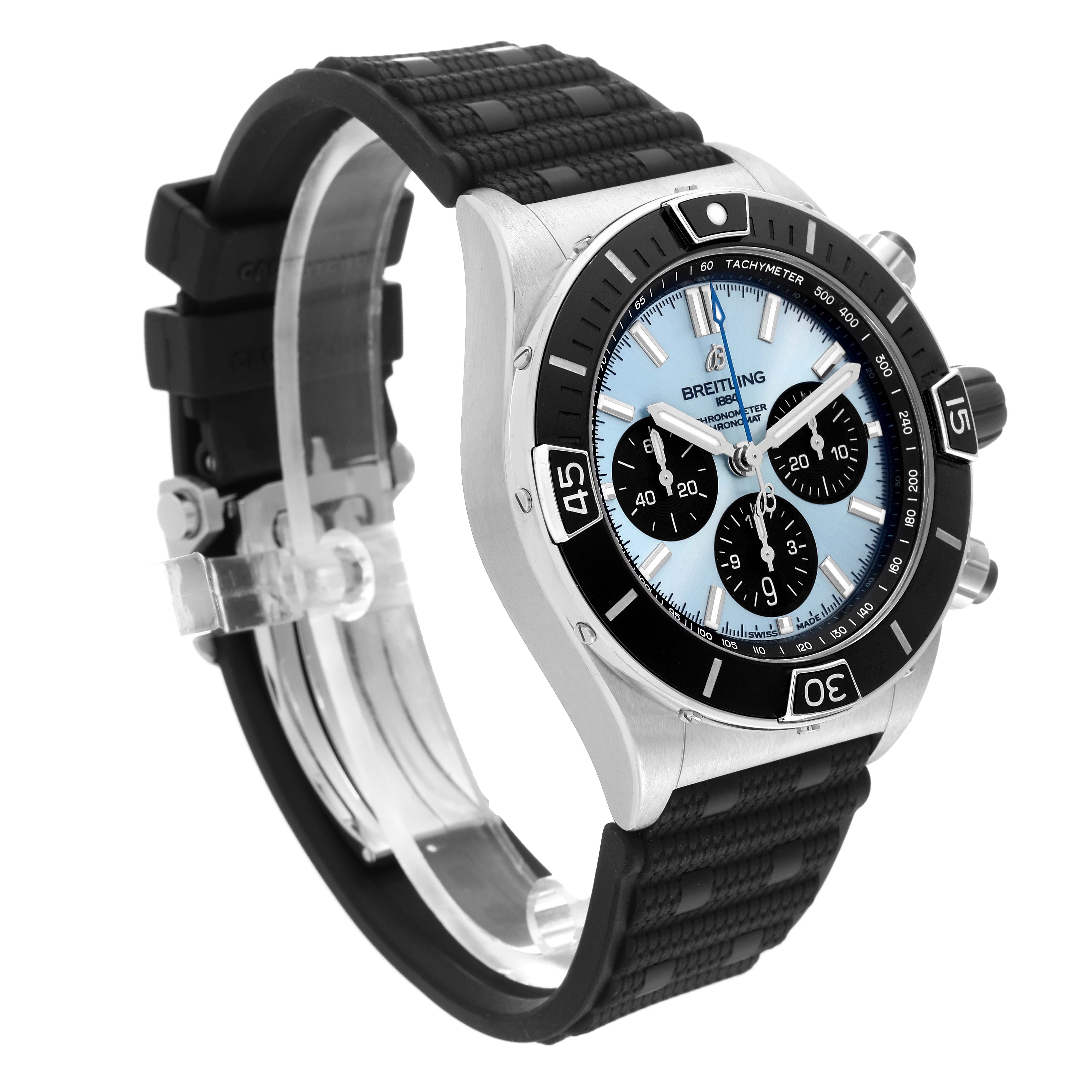 The Breitling Chronomat PB0136 Men's Stainless Steel Blue Dial PB0136 Men's Stainless Steel Blue Dial watch is shown at a three-quarter angle displaying its face, case, strap, and side pushers.