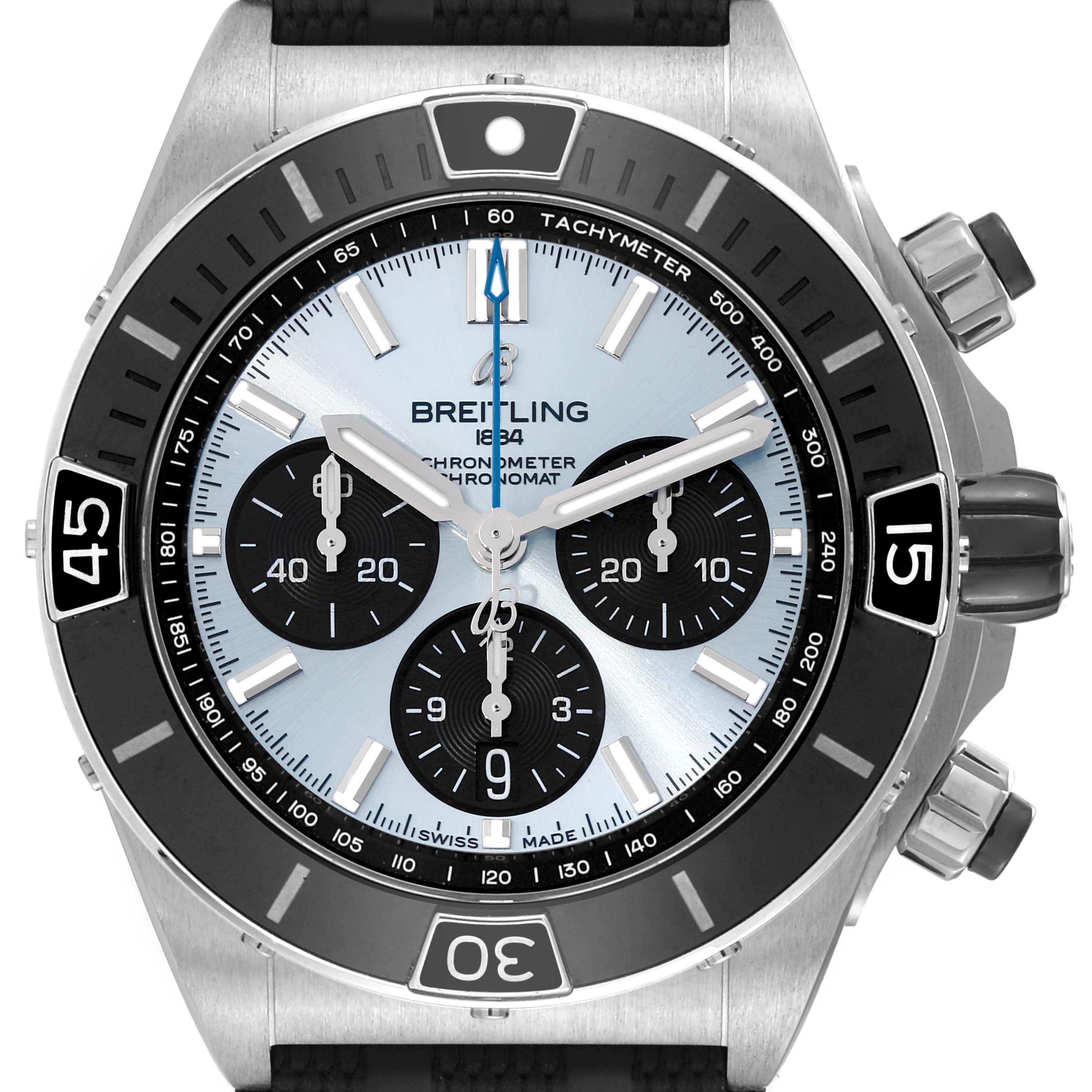 The image shows a front view of a Breitling Chronomat PB0136 Men's Stainless Steel Blue Dial PB0136 Men's Stainless Steel Blue Dial watch, displaying the dial, bezel, and side buttons.