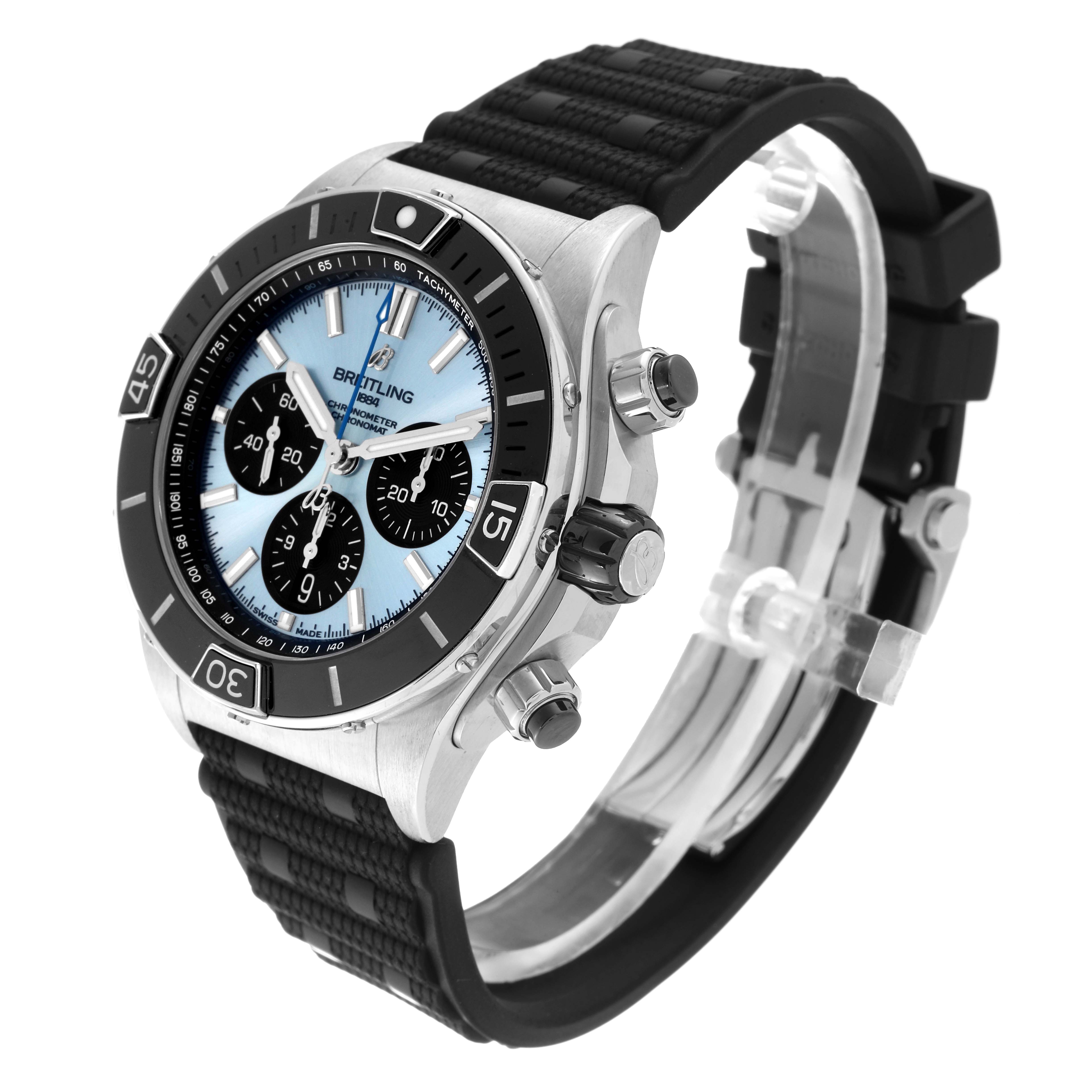 The image shows a side angle of the Breitling Chronomat PB0136 Men's Stainless Steel Blue Dial PB0136 Men's Stainless Steel Blue Dial watch, highlighting the face, bezel, pushers, and rubber strap.