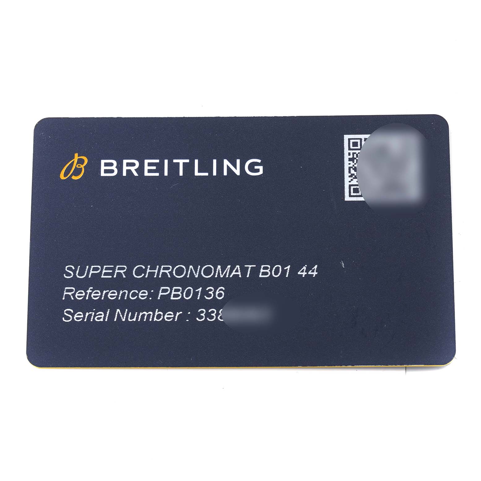 The image shows a warranty card for the Breitling Chronomat PB0136 Men's Stainless Steel Blue Dial PB0136 Men's Stainless Steel Blue Dial model “Super Chronomat B01 44.”