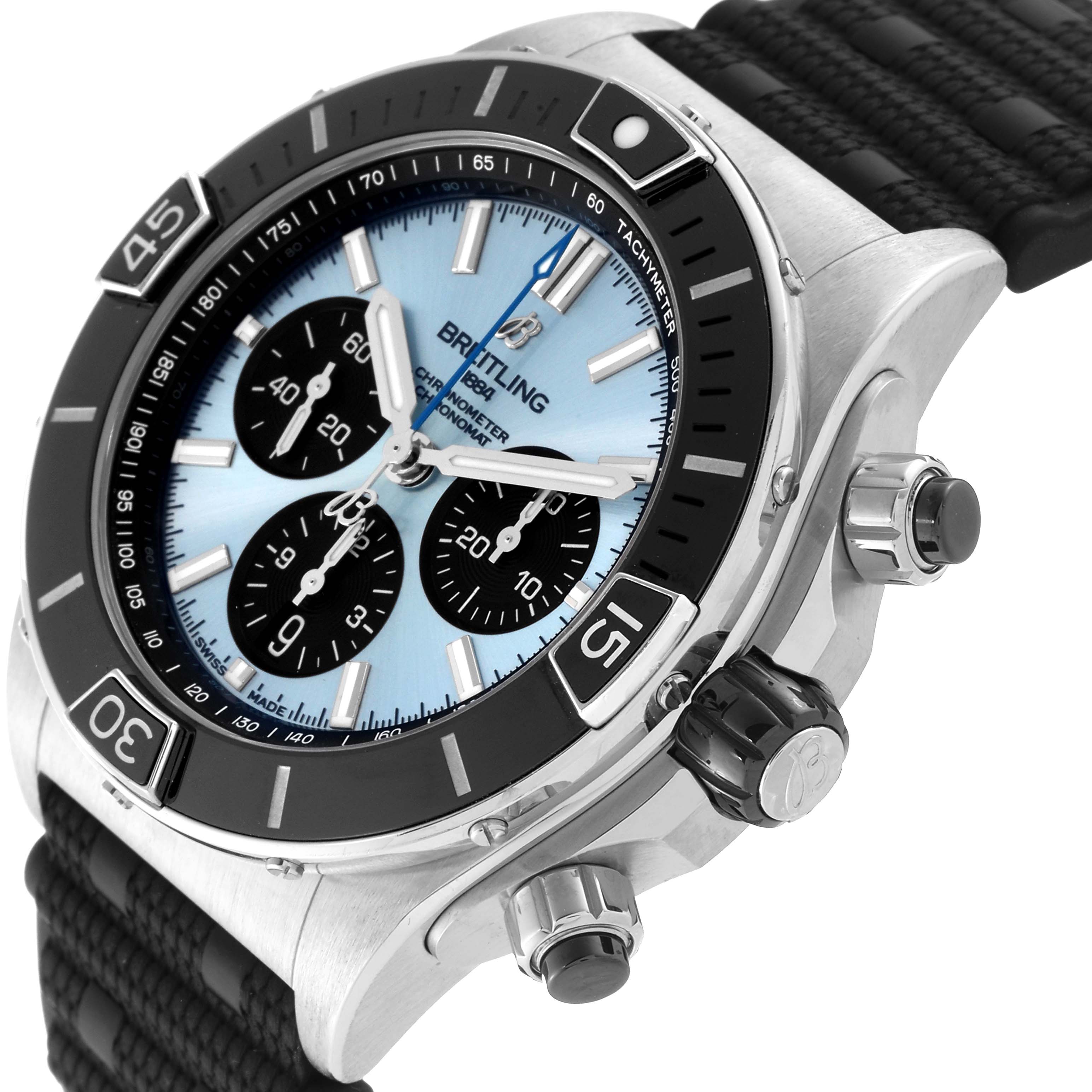 The Breitling Chronomat PB0136 Men's Stainless Steel Blue Dial PB0136 Men's Stainless Steel Blue Dial watch is shown at an angled view, highlighting the bezel, crown, pushers, and textured strap.