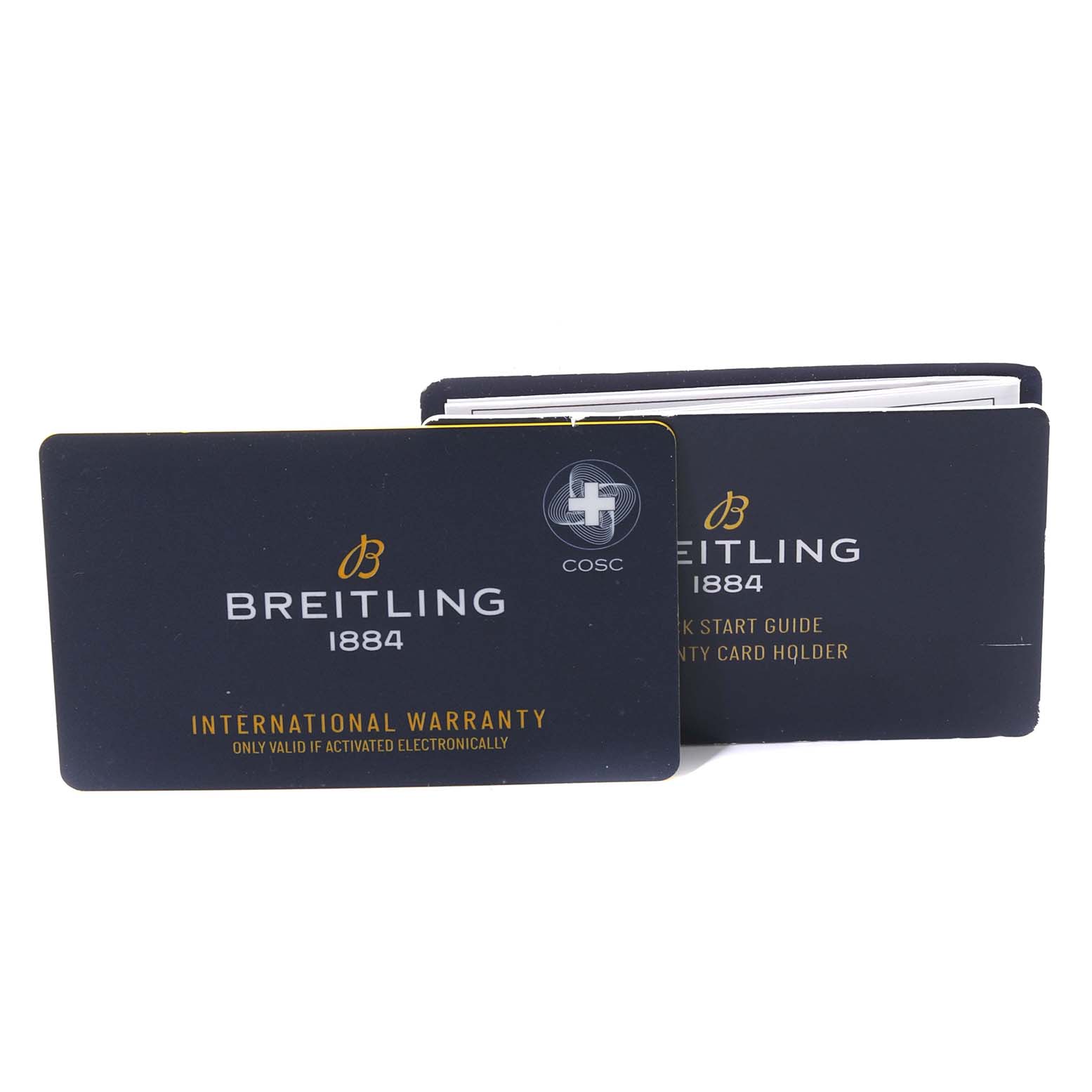 The image shows an international warranty card and a quick start guide for the Breitling Chronomat PB0136 Men's Stainless Steel Blue Dial PB0136 Men's Stainless Steel Blue Dial watch model.