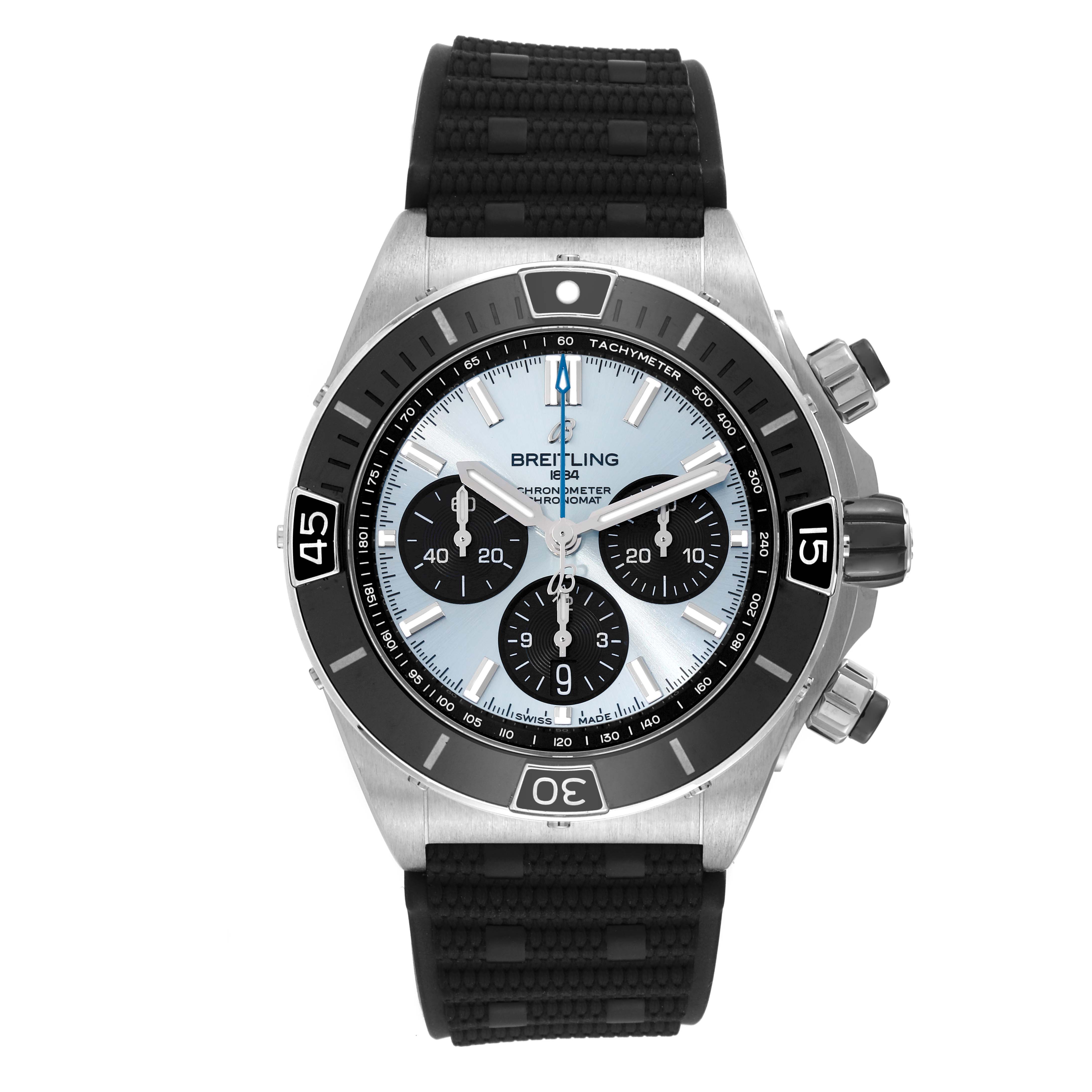 The Breitling Chronomat PB0136 Men's Stainless Steel Blue Dial PB0136 Men's Stainless Steel Blue Dial watch is shown from a front angle, featuring the dial, bezel, and crown with a black strap.