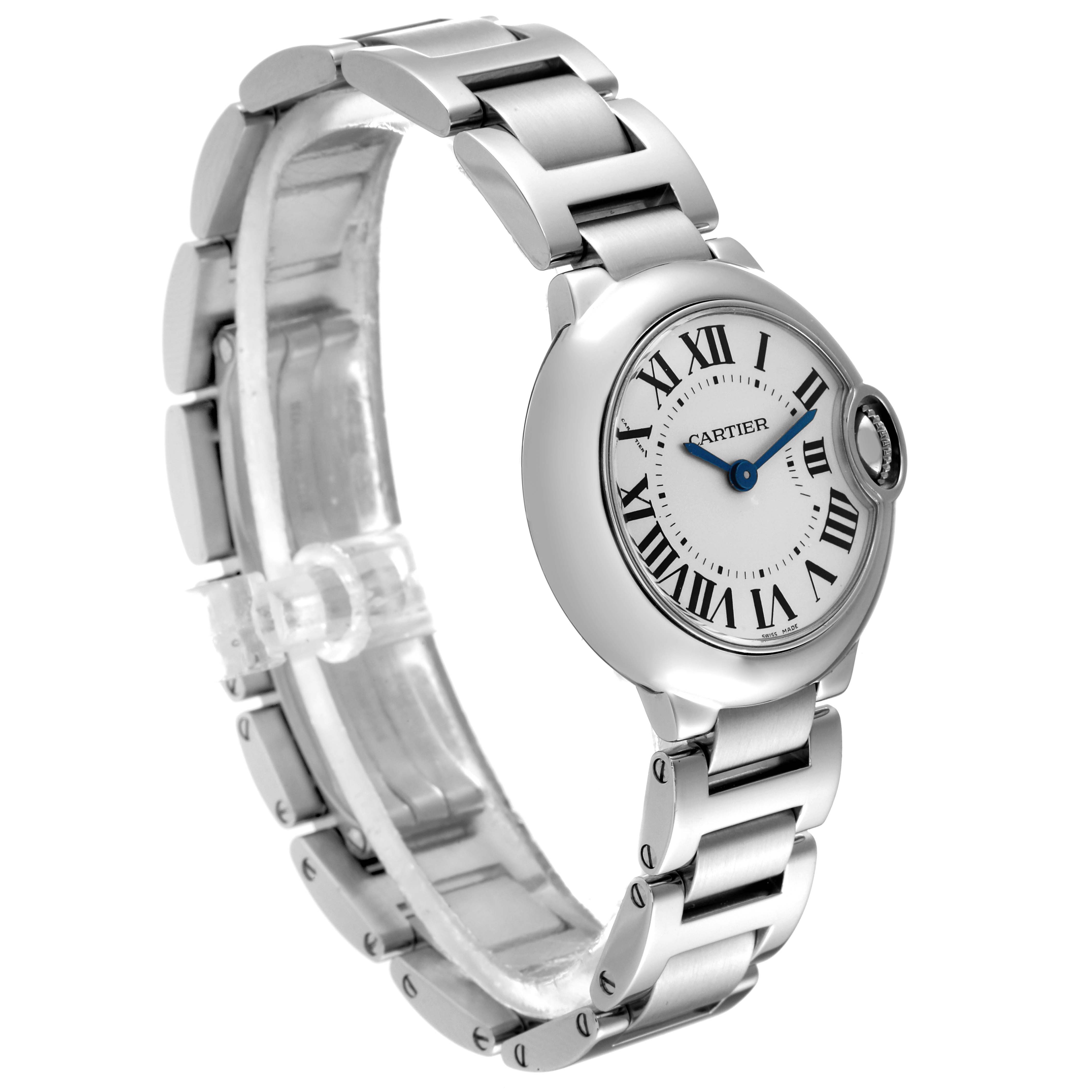 The image shows a side angle of a Cartier Ballon Bleu W69010Z4 Women
s Stainless Steel Silver Dial W69010Z4 Women
s Stainless Steel Silver Dial watch, displaying the face, band, and crown.