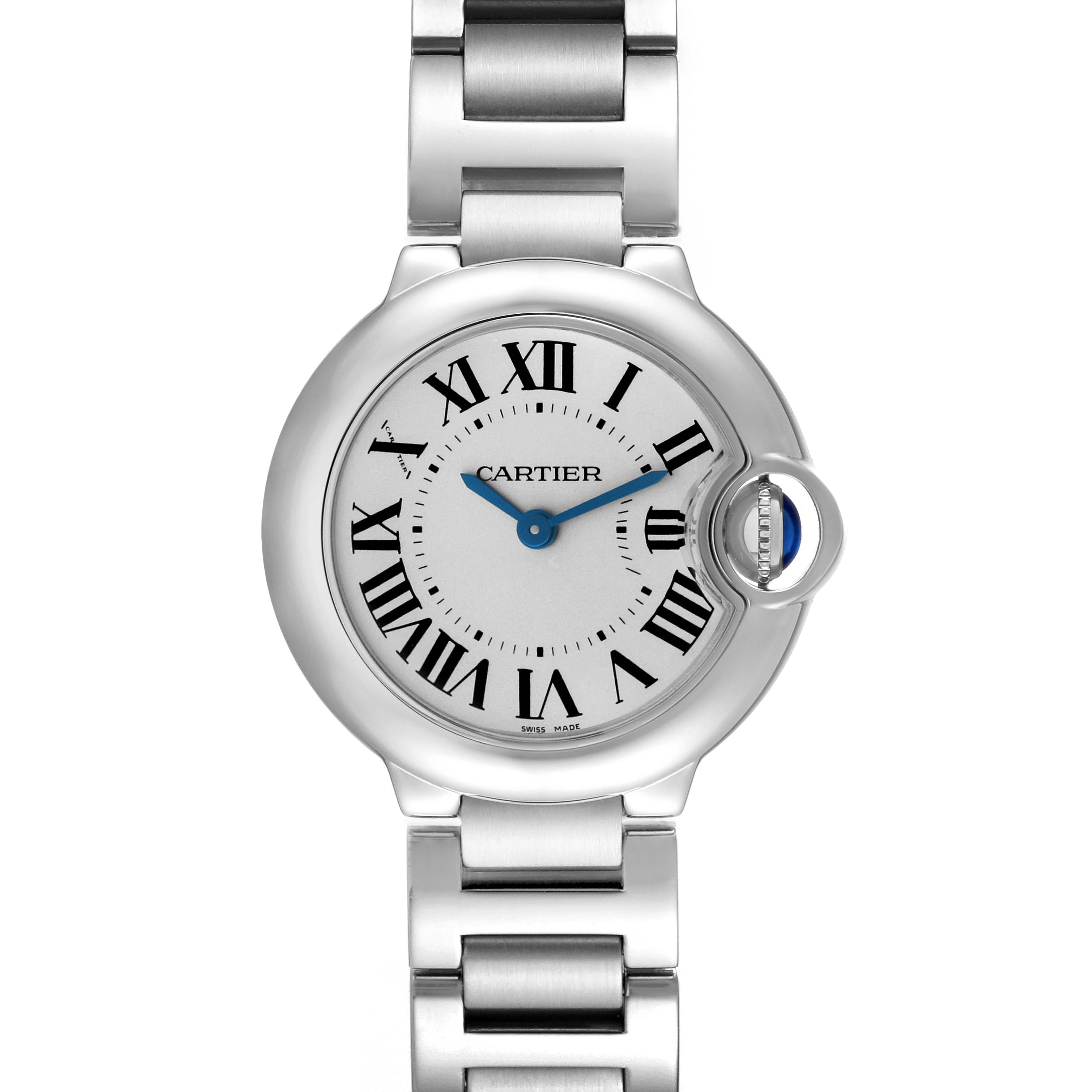 The image shows a Cartier Ballon Bleu W69010Z4 Women
s Stainless Steel Silver Dial W69010Z4 Women
s Stainless Steel Silver Dial watch from a top-down angle, highlighting its face and metal bracelet.