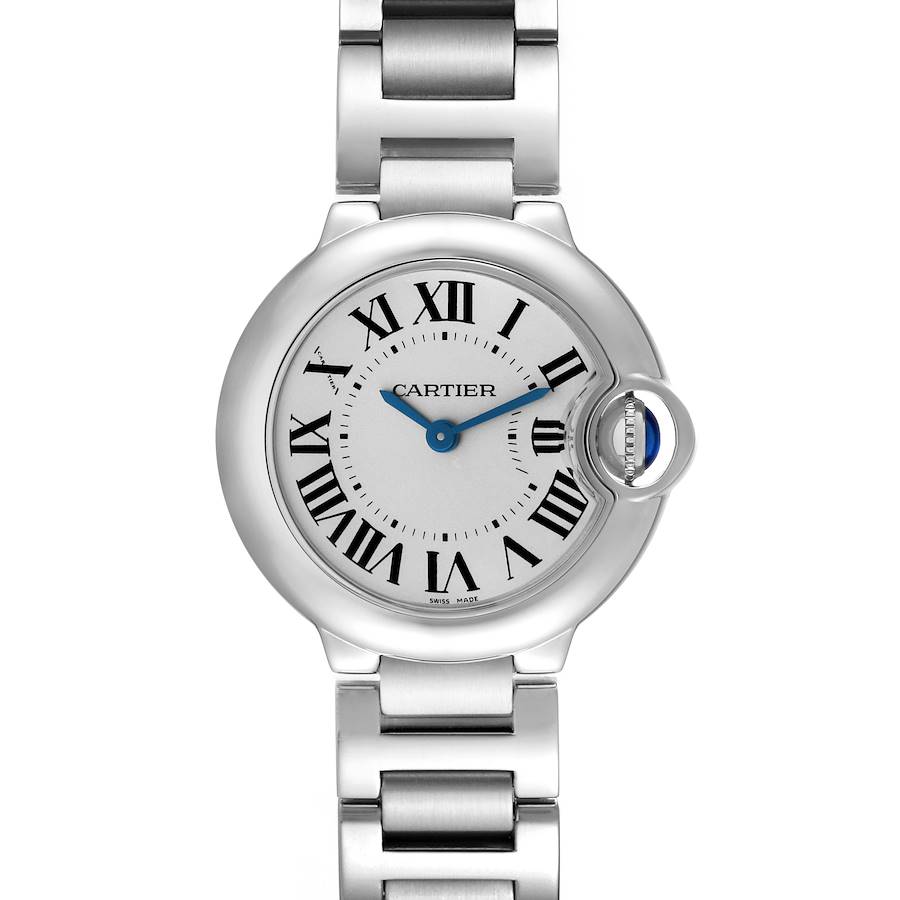 The image shows a Cartier Ballon Bleu watch from a top-down angle, highlighting its face and metal bracelet.