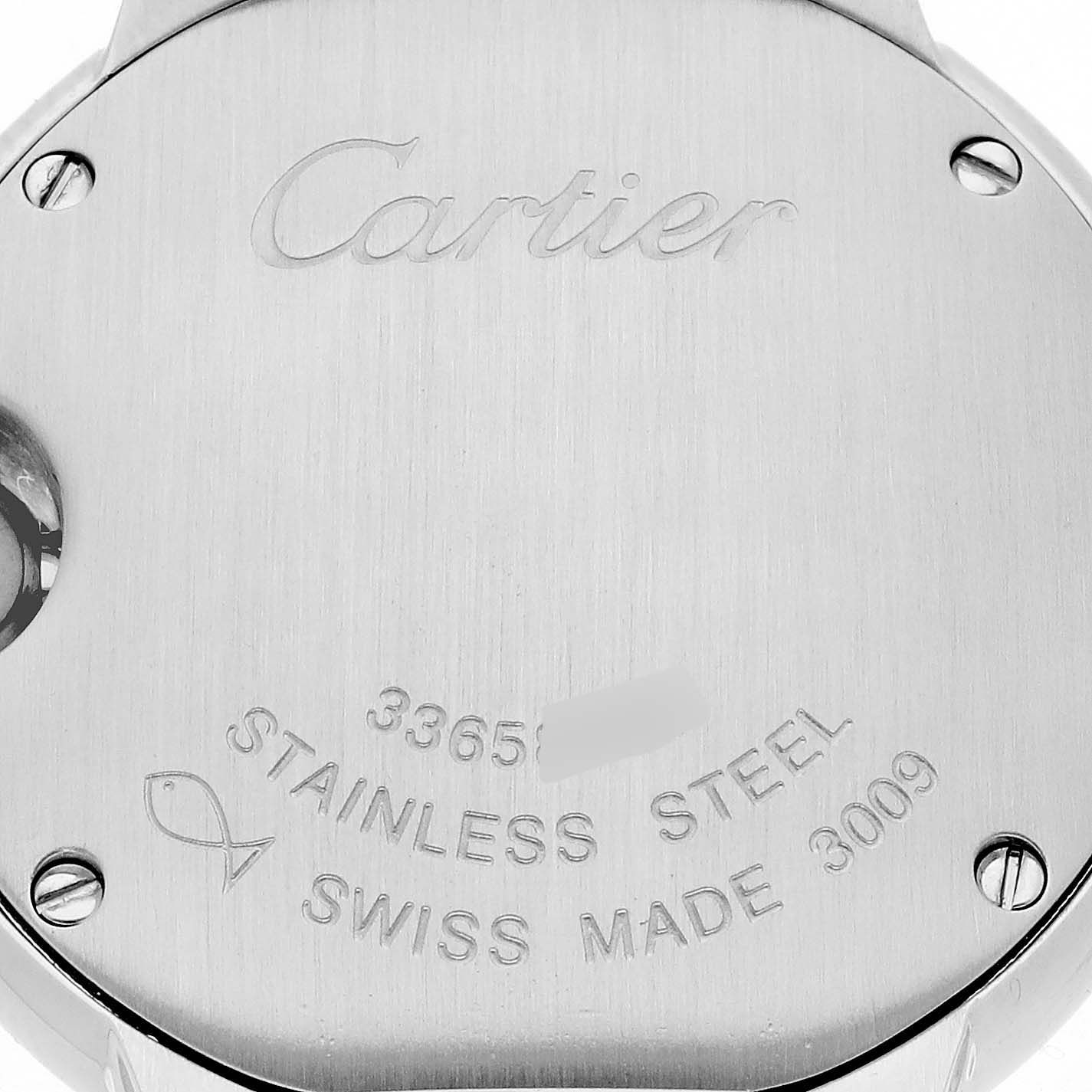 The image shows the back case of the Ballon Bleu model by Cartier, displaying the brand name, material, and Swiss-made engraving.