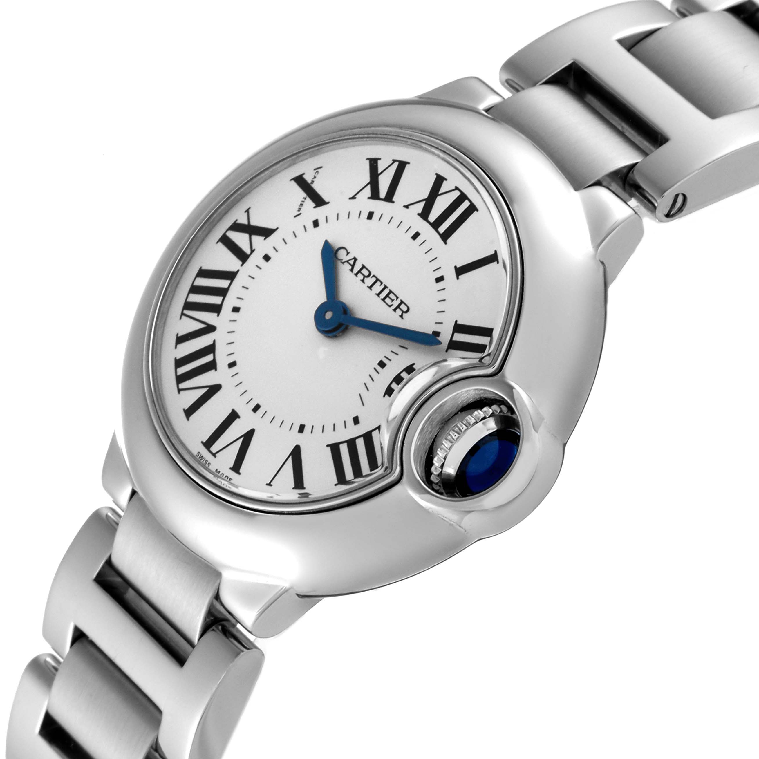 This image shows a close-up angle of a Cartier Ballon Bleu W69010Z4 Women
s Stainless Steel Silver Dial W69010Z4 Women
s Stainless Steel Silver Dial watch, highlighting its face, blue hands, and metal bracelet.