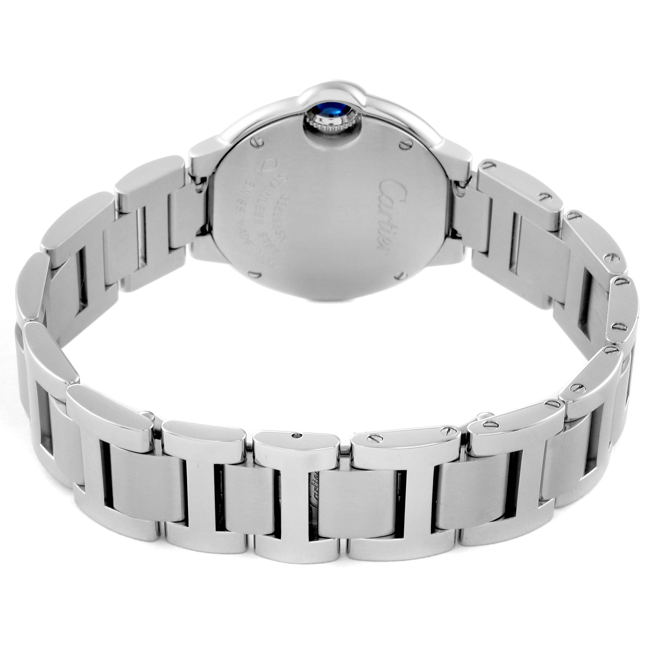 The image shows the back view of a Cartier Ballon Bleu W69010Z4 Women
s Stainless Steel Silver Dial W69010Z4 Women
s Stainless Steel Silver Dial watch, highlighting its bracelet and case back.