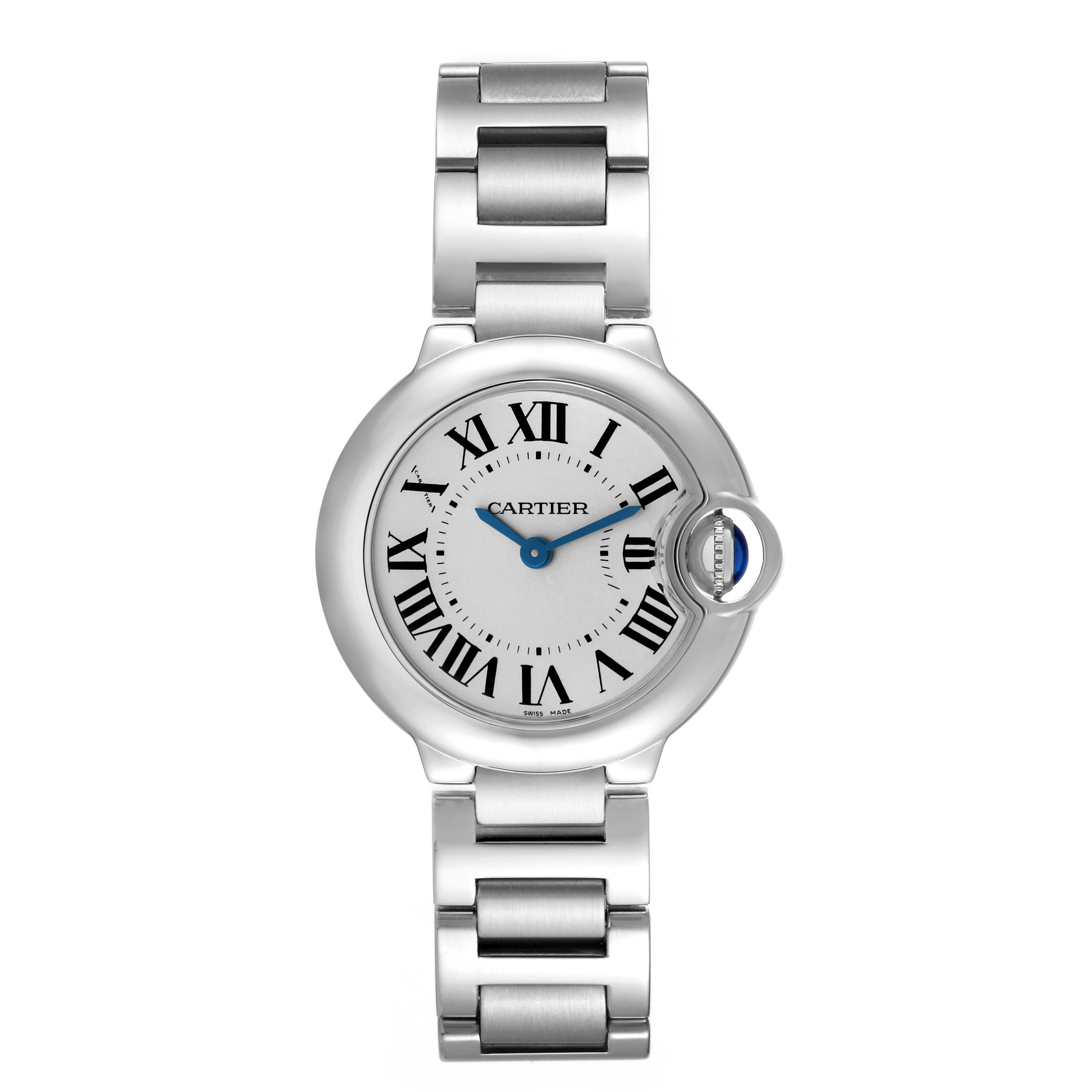 The image shows a front view of the Cartier Ballon Bleu W69010Z4 Women
s Stainless Steel Silver Dial W69010Z4 Women
s Stainless Steel Silver Dial watch, highlighting its round face, Roman numerals, and metal bracelet.