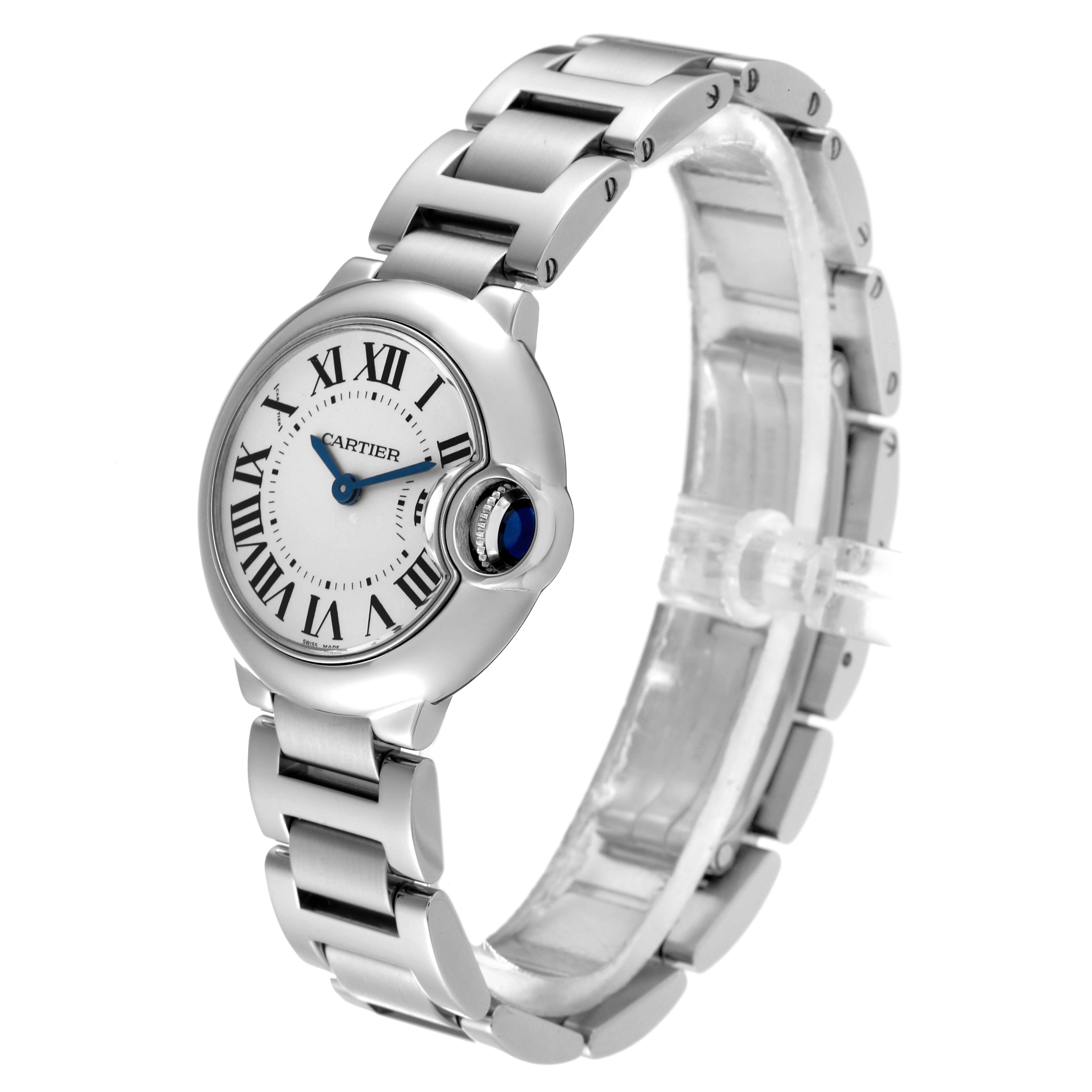 This image shows a Ballon Bleu de Cartier watch from a three-quarter front angle, highlighting the face and bracelet.