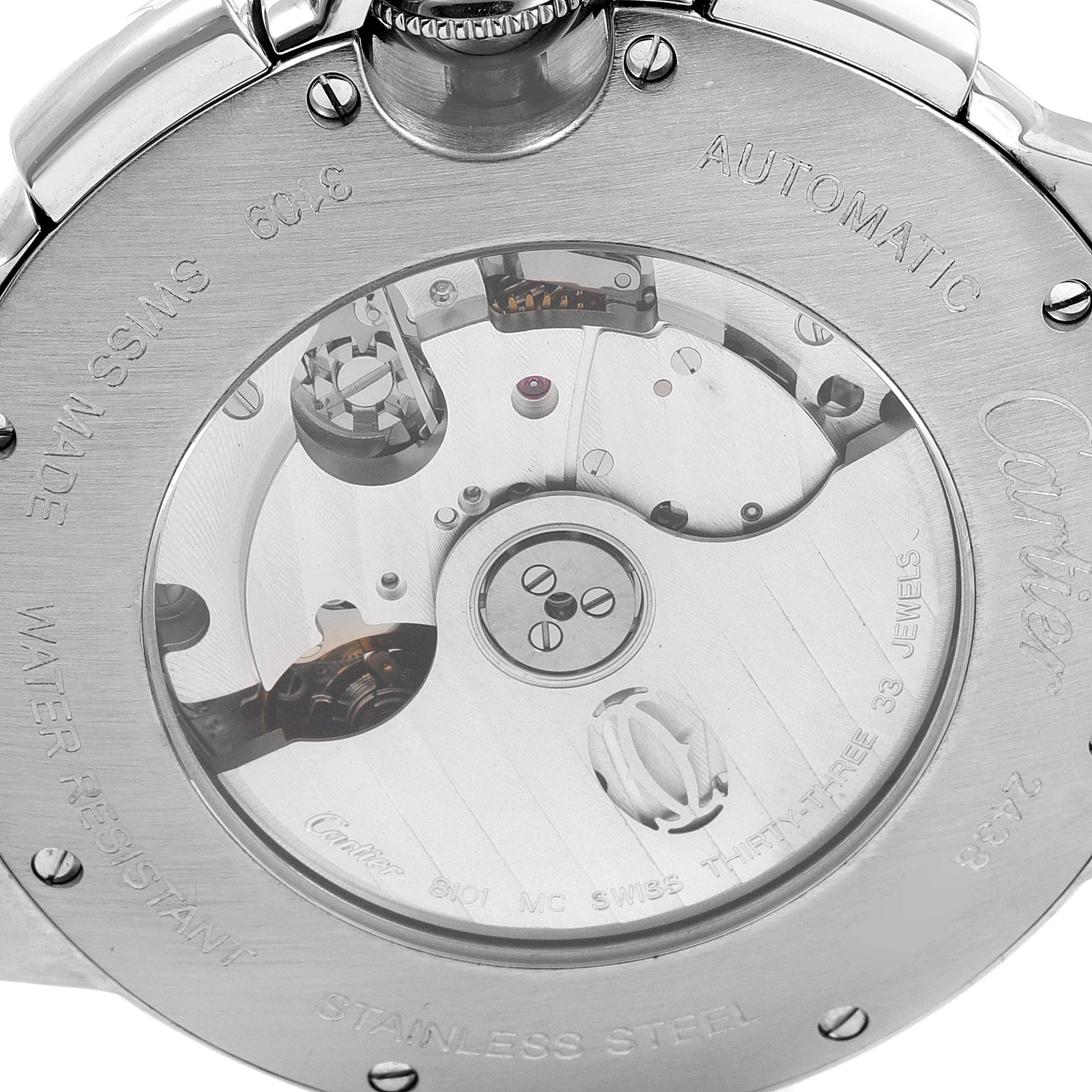 The image shows the back case of the Cartier Ballon Bleu W6920077 Men's Stainless Steel Black Dial W6920077 Men's Stainless Steel Black Dial watch, highlighting its automatic movement and intricate mechanics.