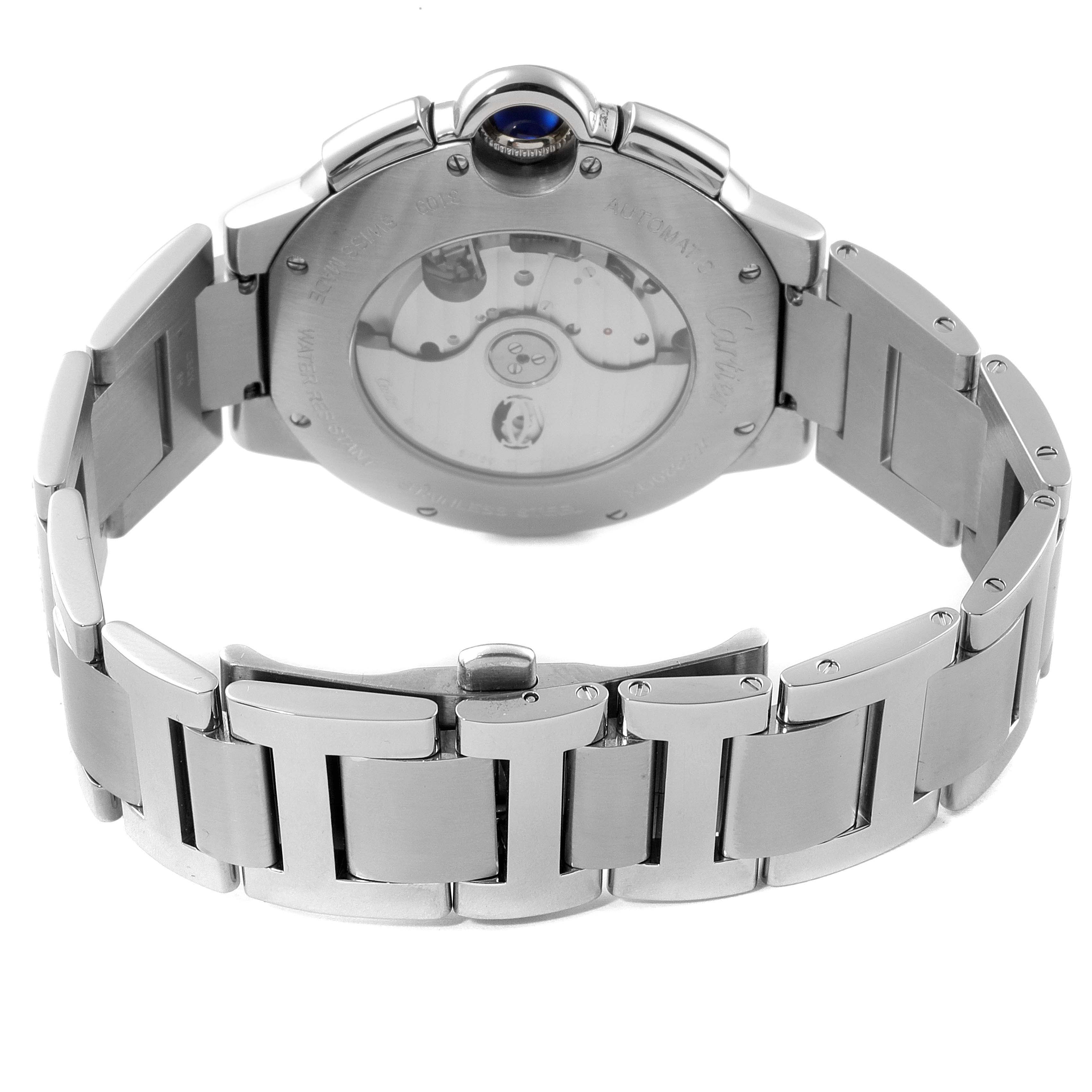The image shows the back view of a Cartier Ballon Bleu W6920077 Men's Stainless Steel Black Dial W6920077 Men's Stainless Steel Black Dial watch, highlighting its open case back and metal bracelet.