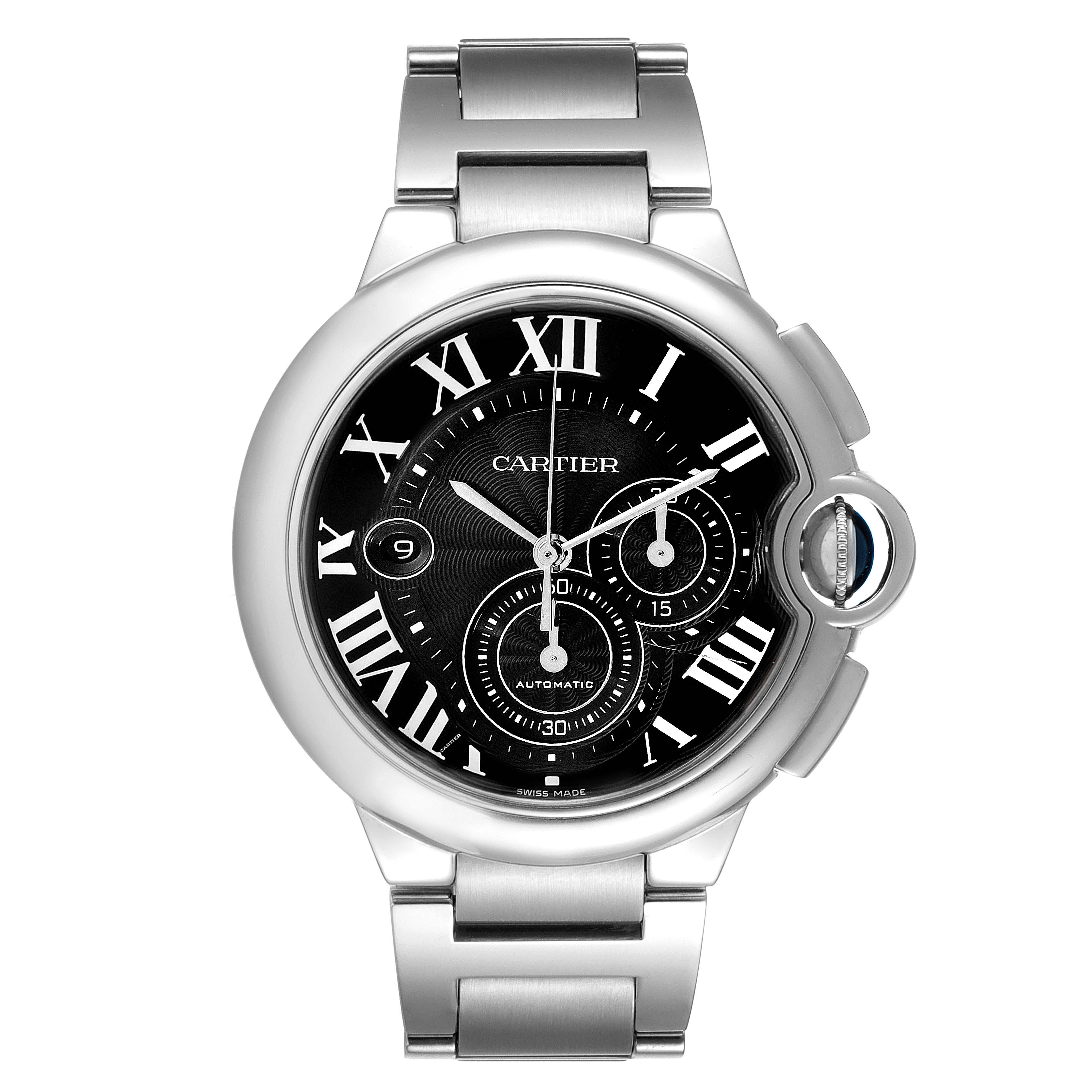 The image shows the Ballon Bleu de Cartier watch from a front angle, displaying its black dial and silver bracelet.