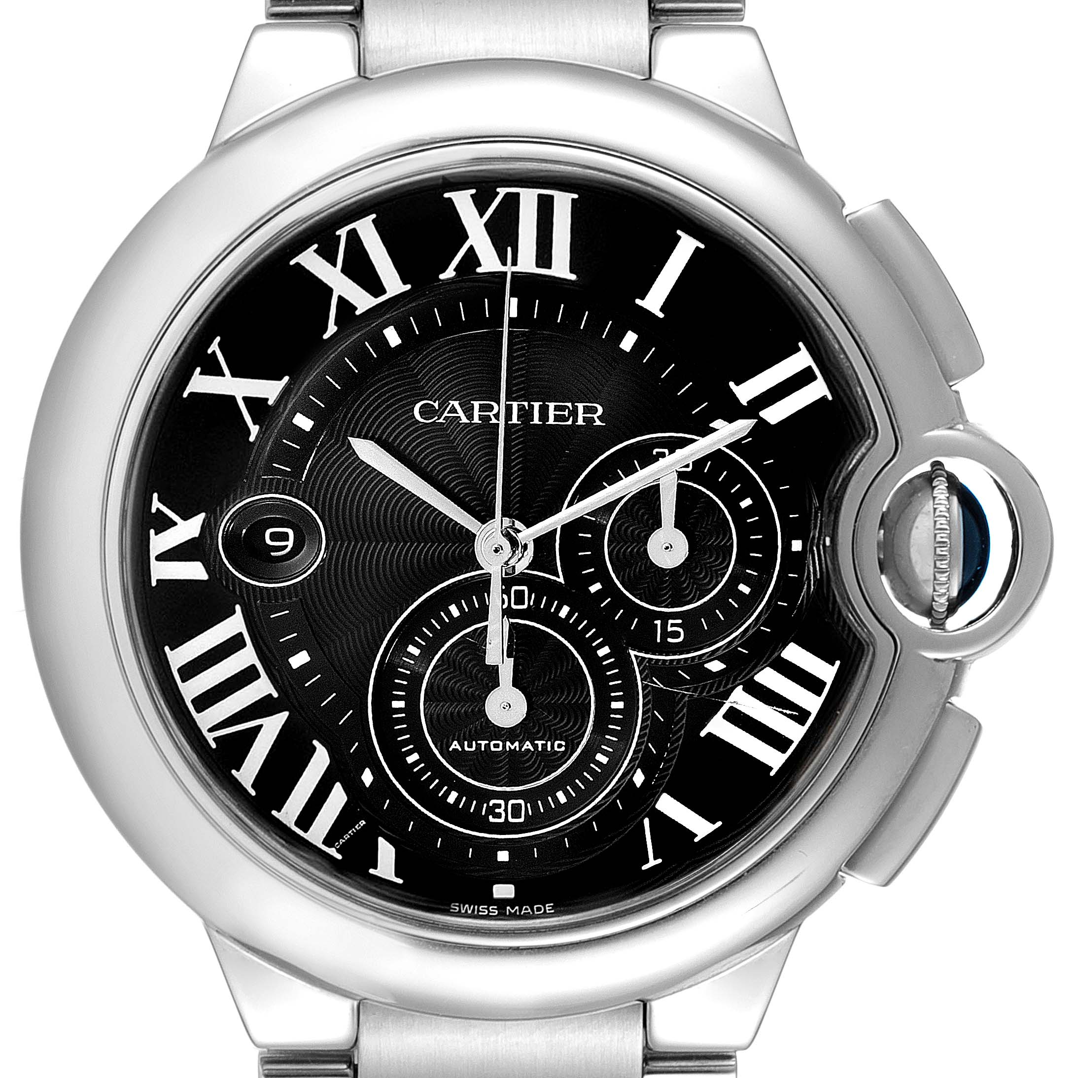 The image shows a close-up frontal view of the Ballon Bleu de Cartier watch, highlighting the dial, Roman numerals, sub-dials, and crown.