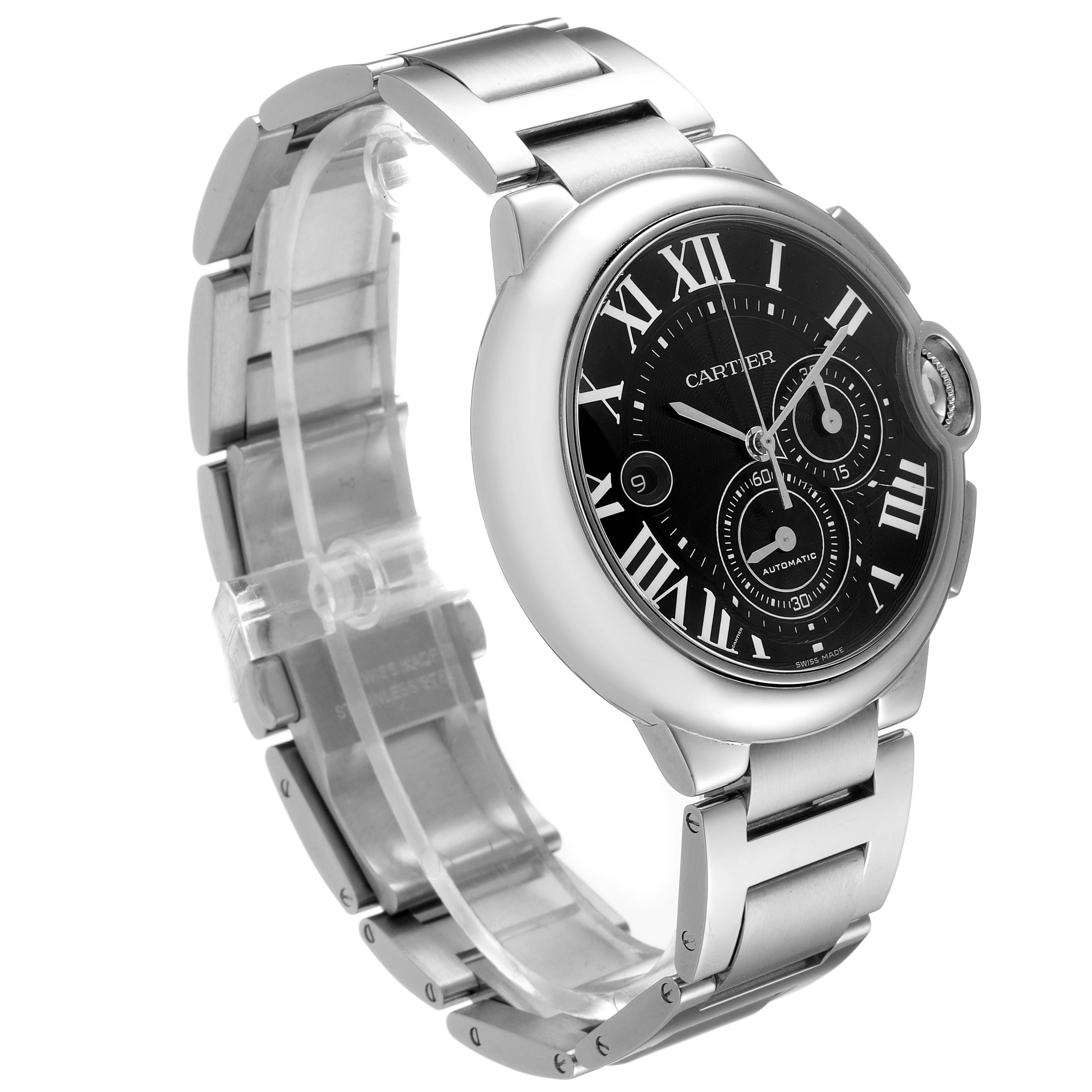 The image shows a side angle of the Cartier Ballon Bleu W6920077 Men's Stainless Steel Black Dial W6920077 Men's Stainless Steel Black Dial watch, highlighting its black dial, Roman numerals, and metal bracelet.