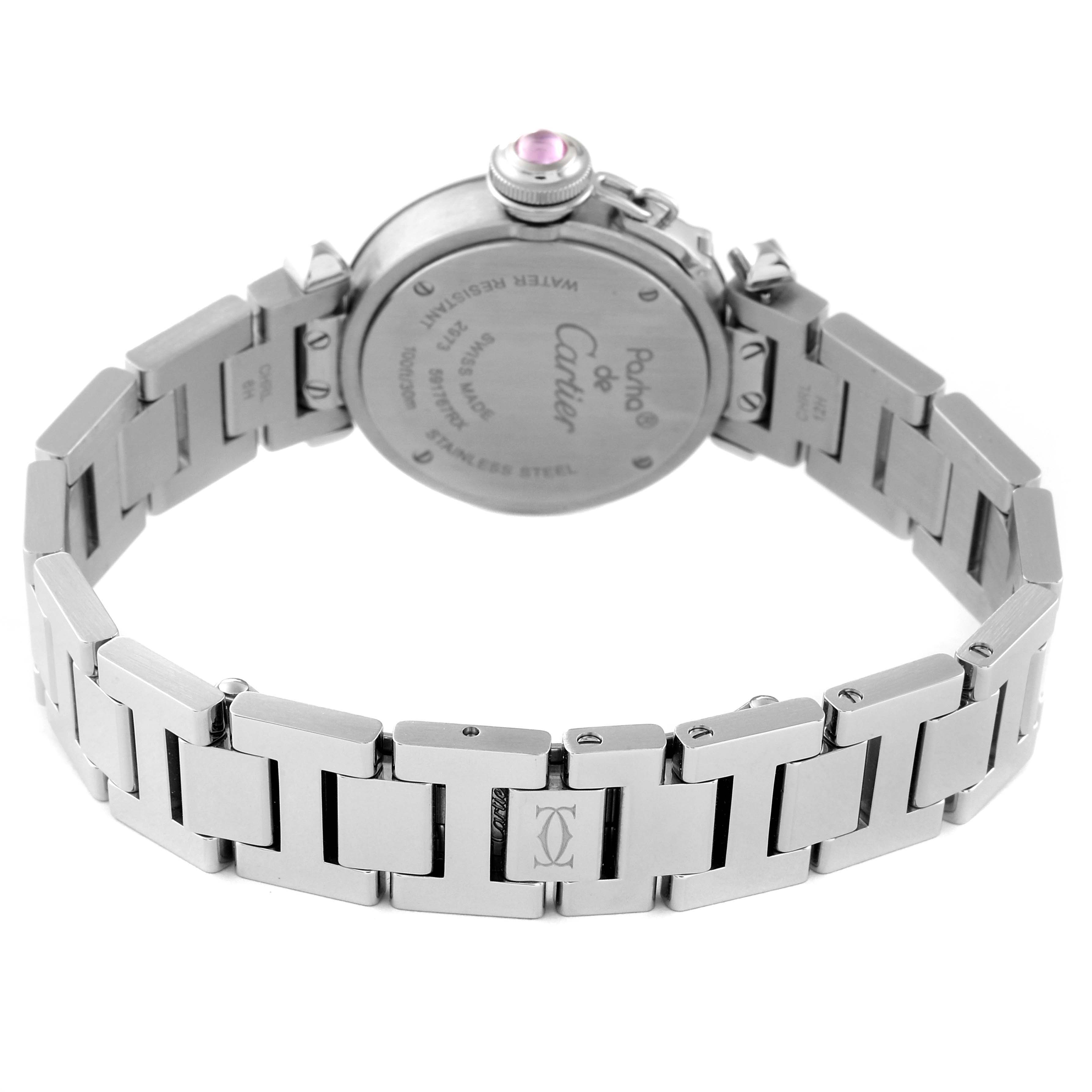 The image shows the back and bracelet of the Cartier Pasha W3140008 Women's Stainless Steel Pink Dial W3140008 Women's Stainless Steel Pink Dial watch from a rear angle.