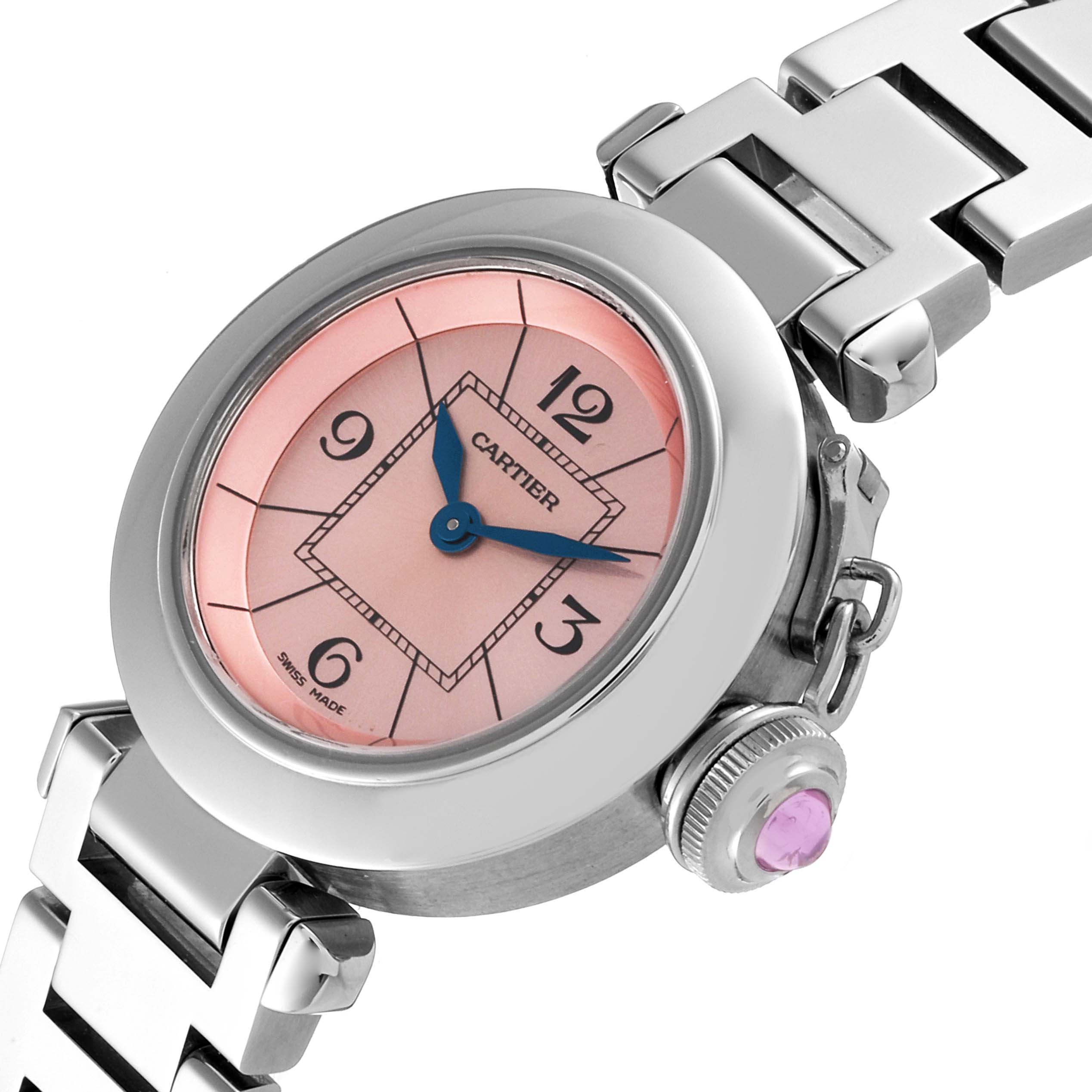The image shows a close-up, angled view of the Cartier Pasha W3140008 Women's Stainless Steel Pink Dial W3140008 Women's Stainless Steel Pink Dial watch, highlighting its face, band, and crown.