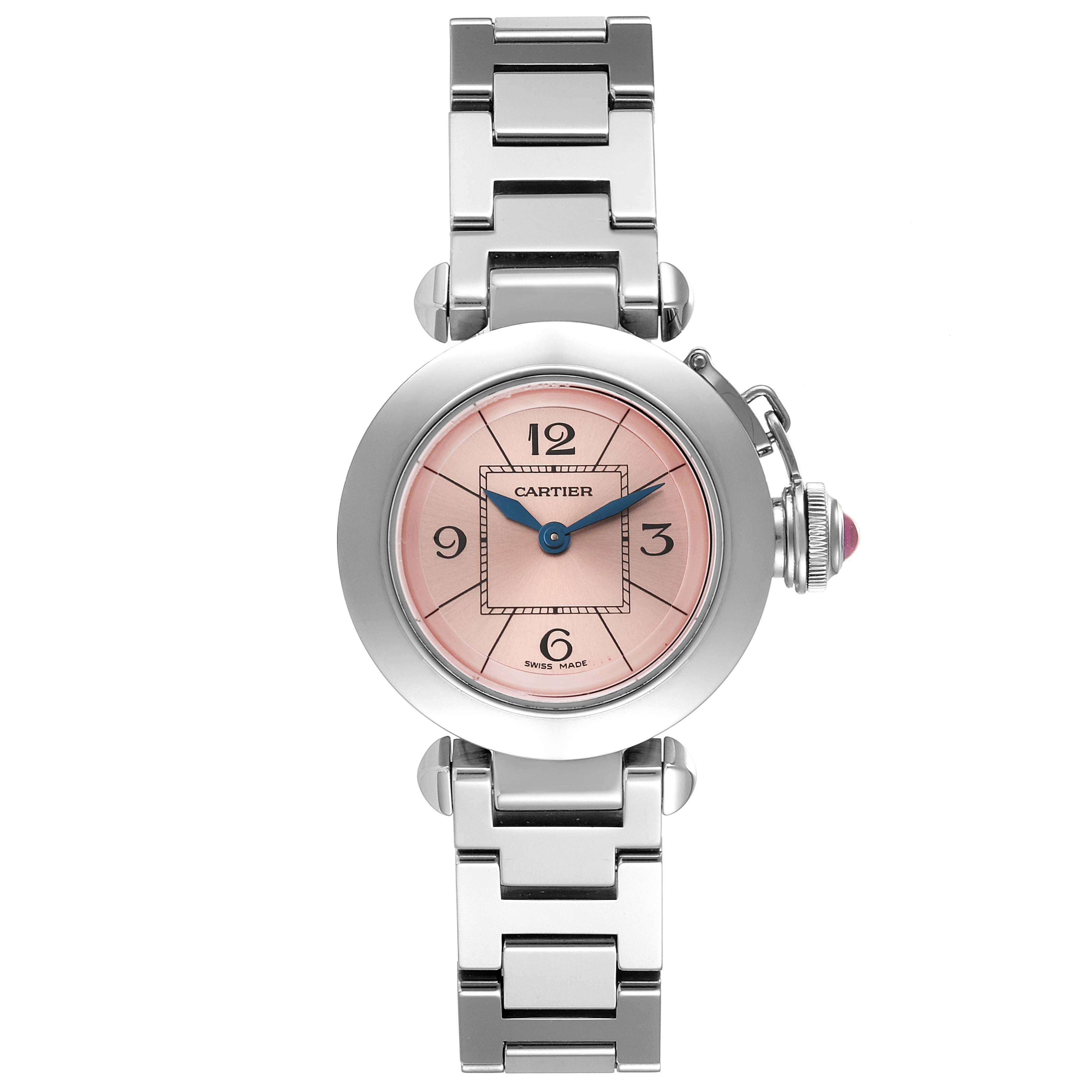 The image shows a top-down view of the Cartier Pasha W3140008 Women's Stainless Steel Pink Dial W3140008 Women's Stainless Steel Pink Dial watch, focusing on the face, bezel, and metal bracelet.