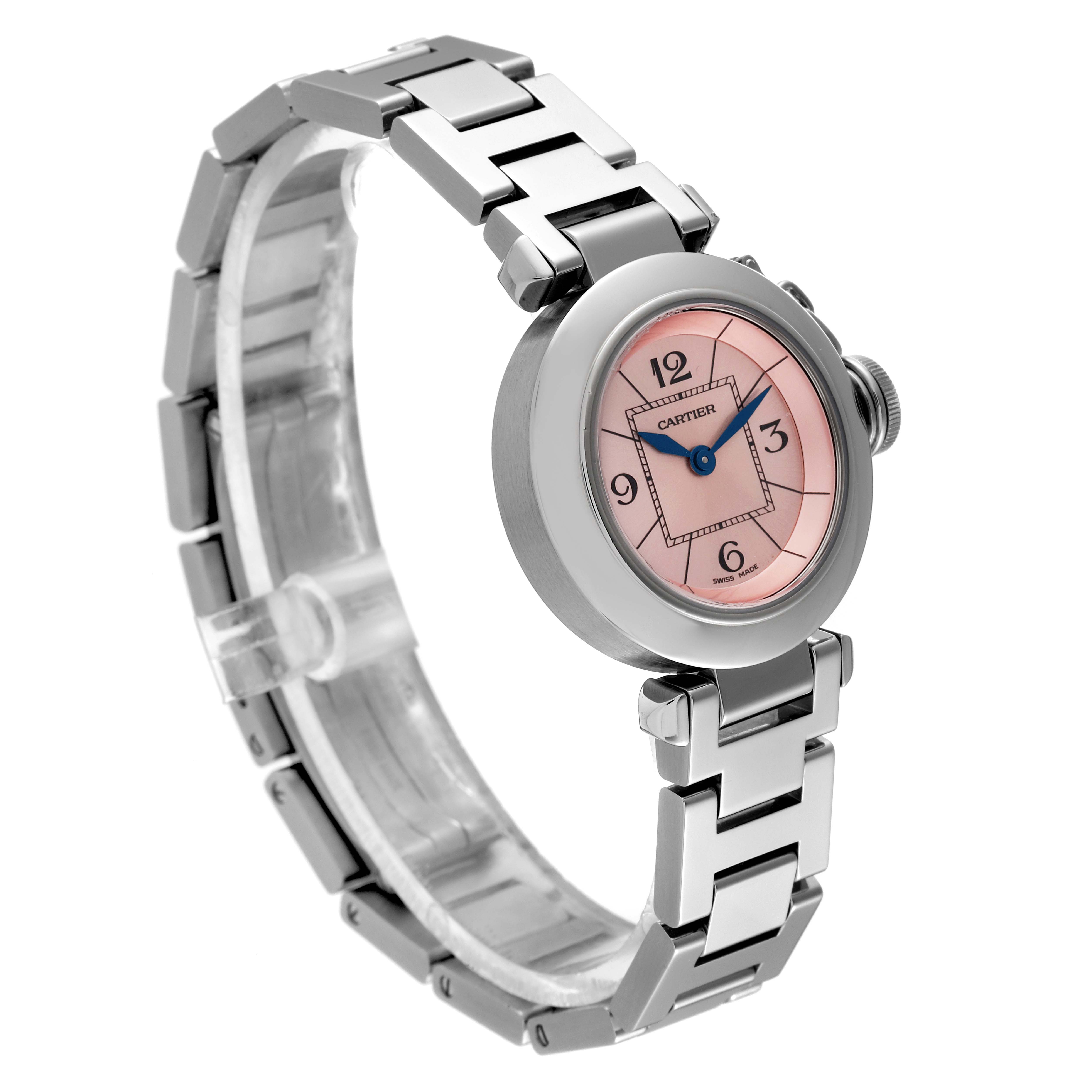 The Cartier Pasha W3140008 Women's Stainless Steel Pink Dial W3140008 Women's Stainless Steel Pink Dial watch is shown at an angled view, displaying its pink dial, blue hands, and metal bracelet.
