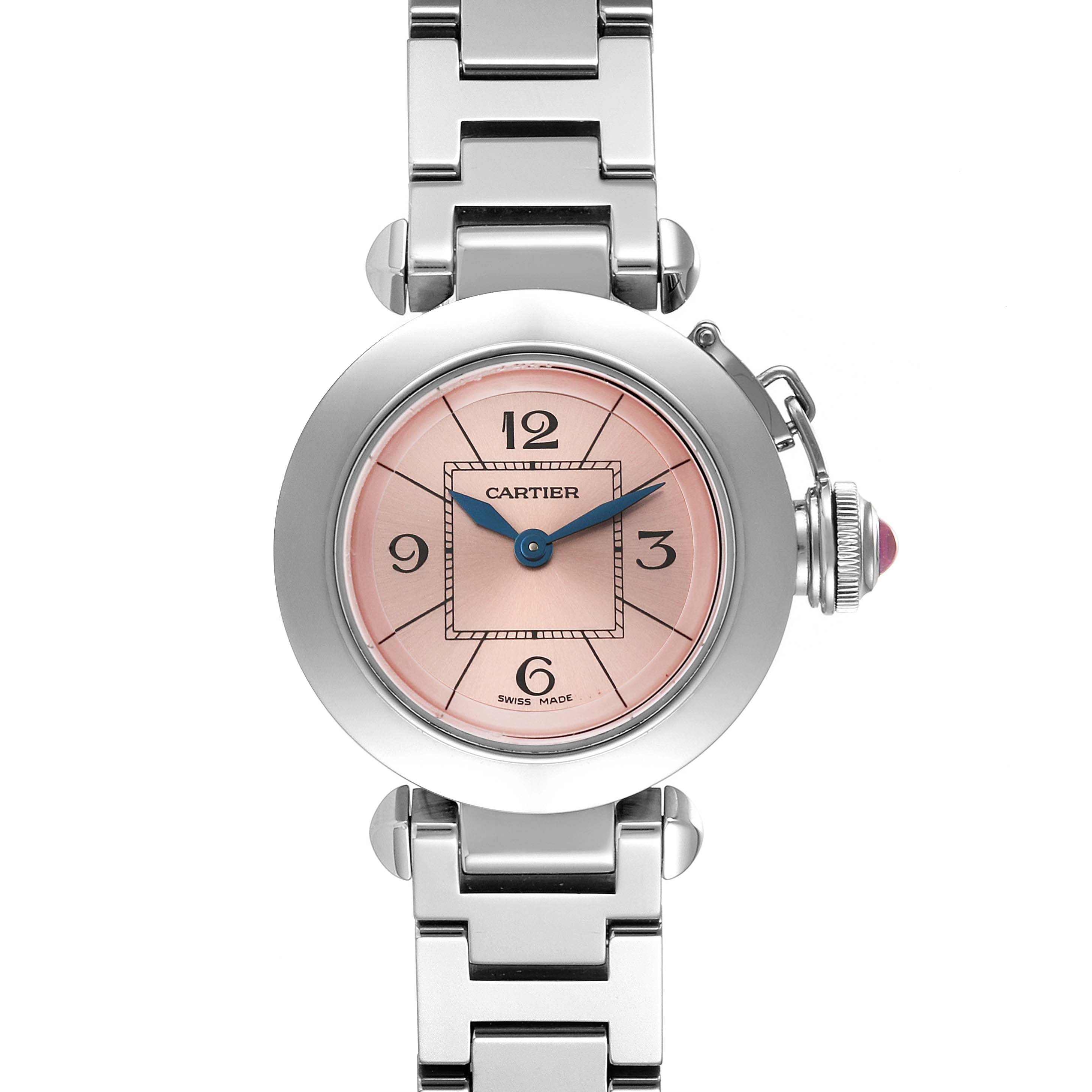 This image of the Cartier Pasha W3140008 Women's Stainless Steel Pink Dial W3140008 Women's Stainless Steel Pink Dial watch shows a front view, featuring the dial, hands, crown, and part of the bracelet.