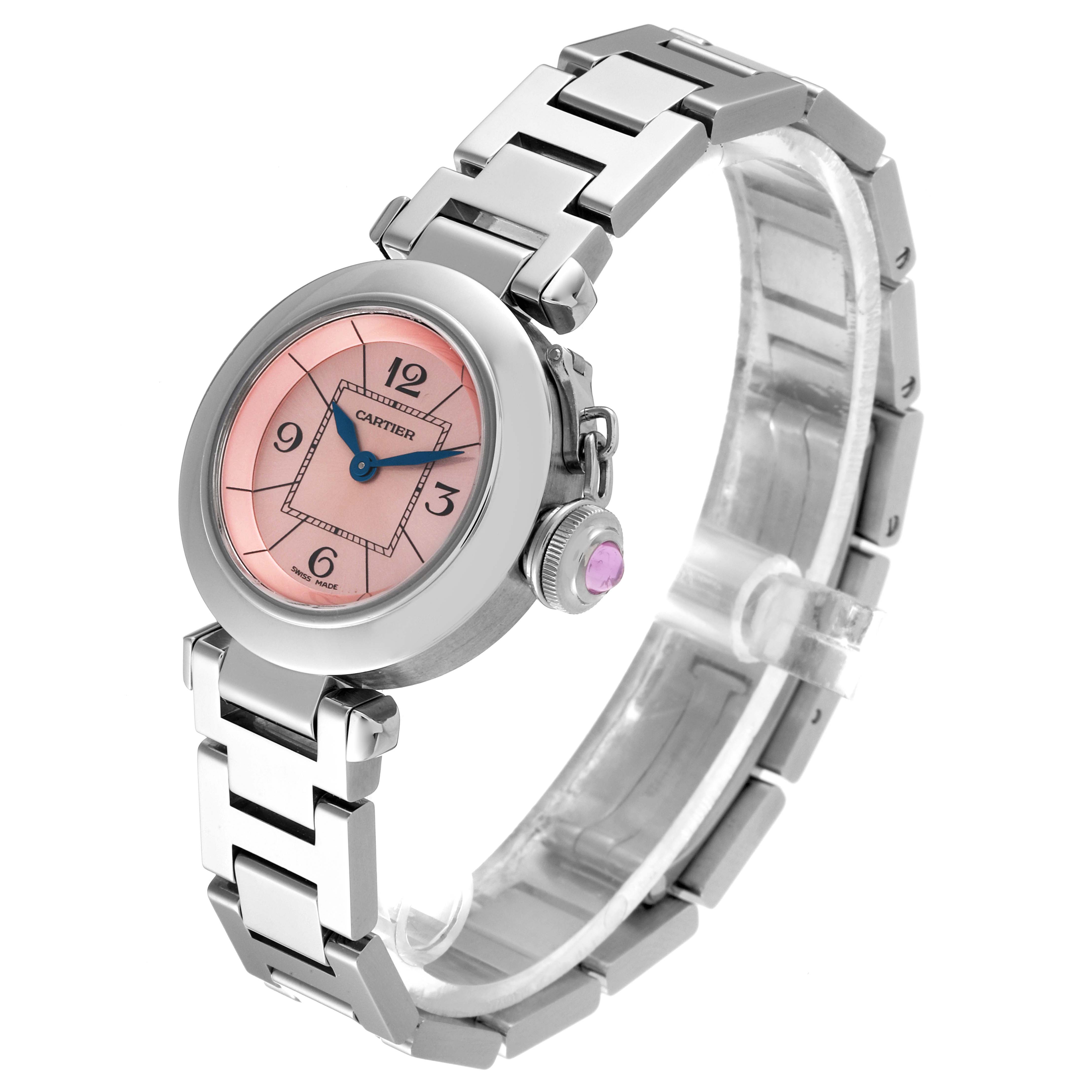 The Cartier Pasha W3140008 Women's Stainless Steel Pink Dial W3140008 Women's Stainless Steel Pink Dial watch is shown at an angle displaying the face, bracelet, and crown with a gem-set crown cover.
