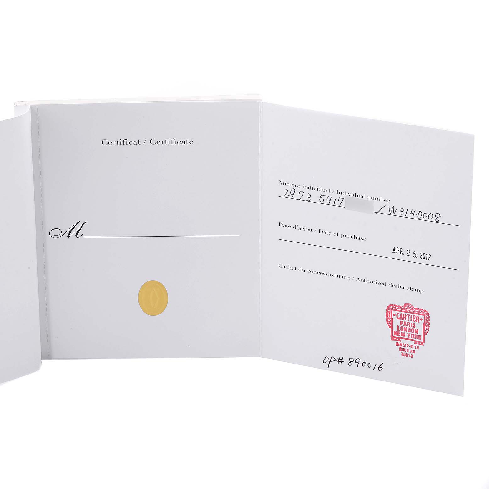 The image shows a certificate or authentication card for a Cartier Pasha W3140008 Women's Stainless Steel Pink Dial W3140008 Women's Stainless Steel Pink Dial watch, opened to display its information and dealer stamp.