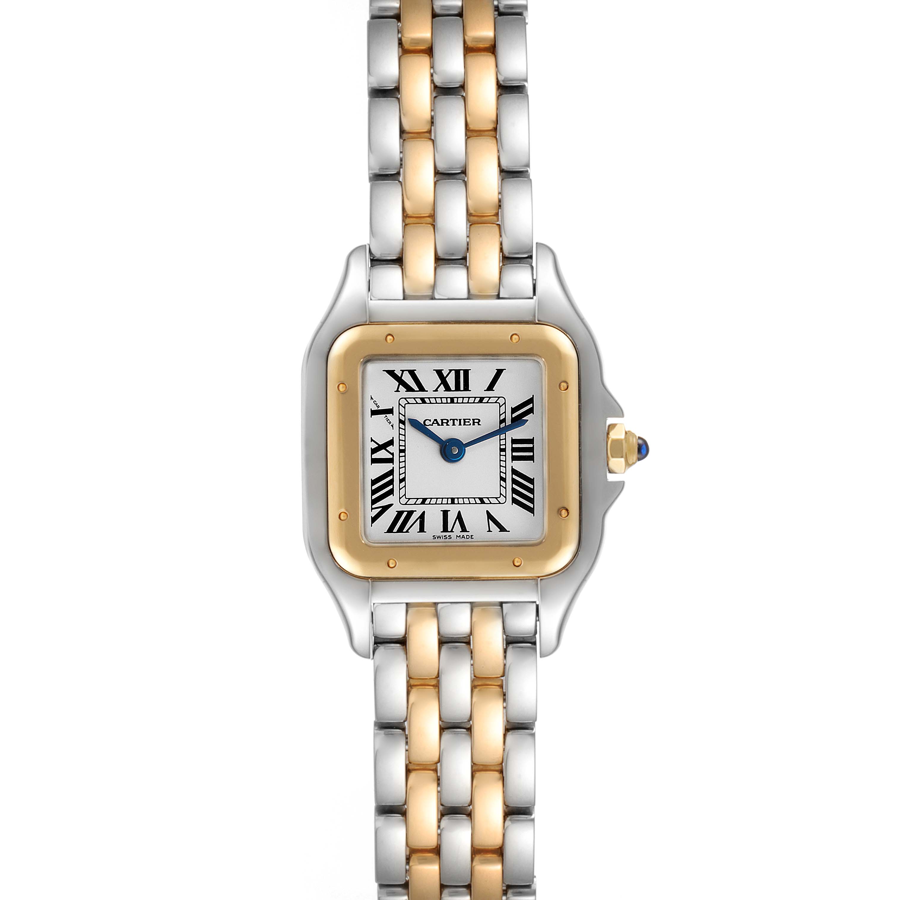 This is a front view of a Cartier Panthere W2PN0006 Women's Steel and Gold (two tone) Silver Dial W2PN0006 Women's Steel and Gold (two tone) Silver Dial watch showing its face, bezel, and two-tone metal bracelet.
