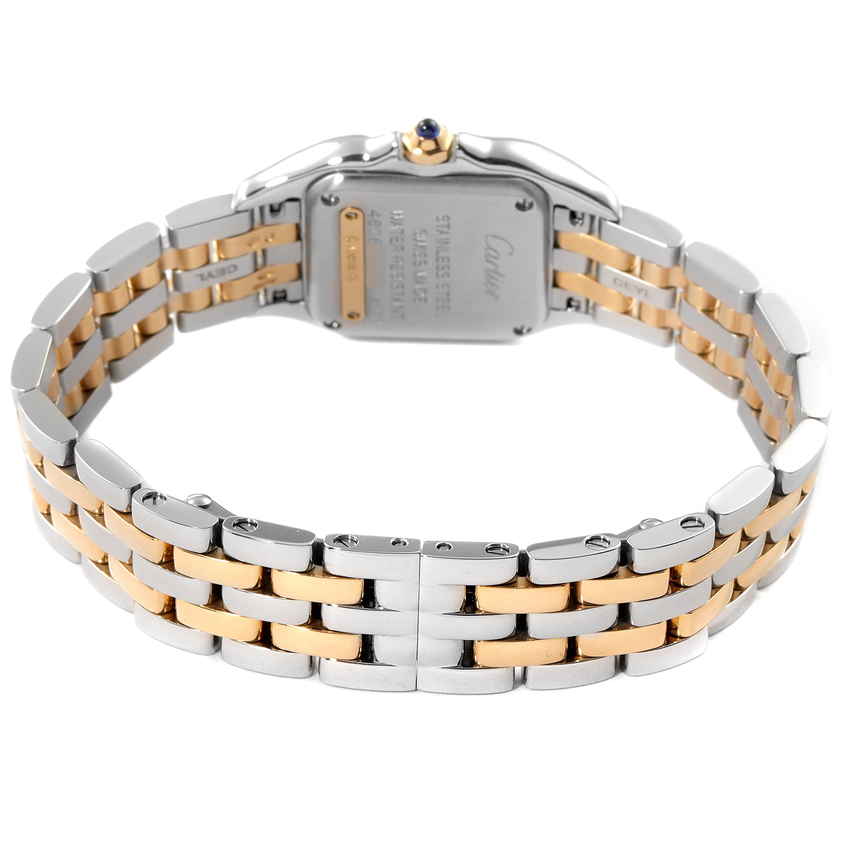 This image shows the backside and part of the bracelet of a Cartier Panthere W2PN0006 Women's Steel and Gold (two tone) Silver Dial W2PN0006 Women's Steel and Gold (two tone) Silver Dial watch, highlighting the two-tone metal design.