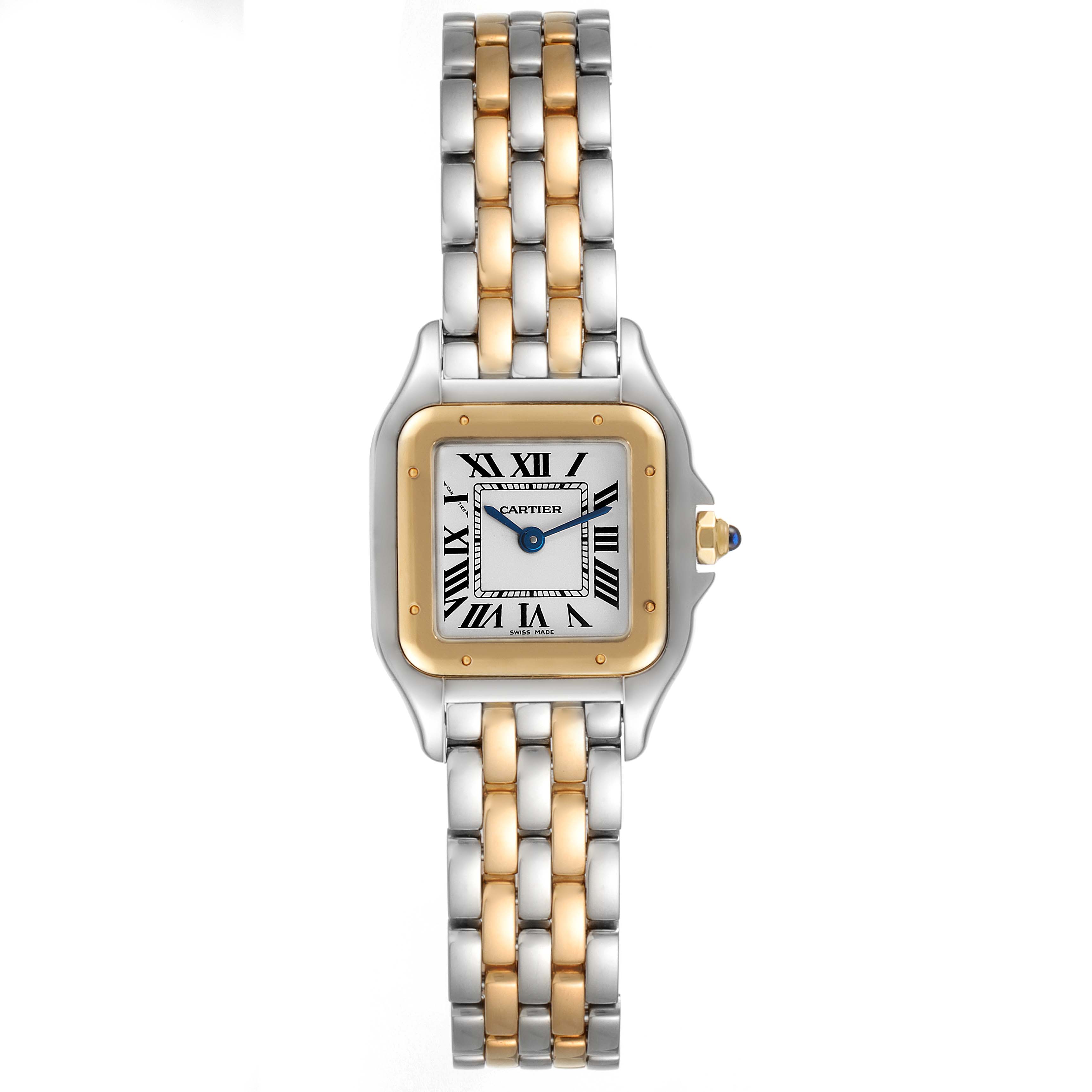 The image shows a frontal view of the Cartier Panthere W2PN0006 Women's Steel and Gold (two tone) Silver Dial W2PN0006 Women's Steel and Gold (two tone) Silver Dial watch, highlighting its bicolor chain strap and square face with Roman numerals.