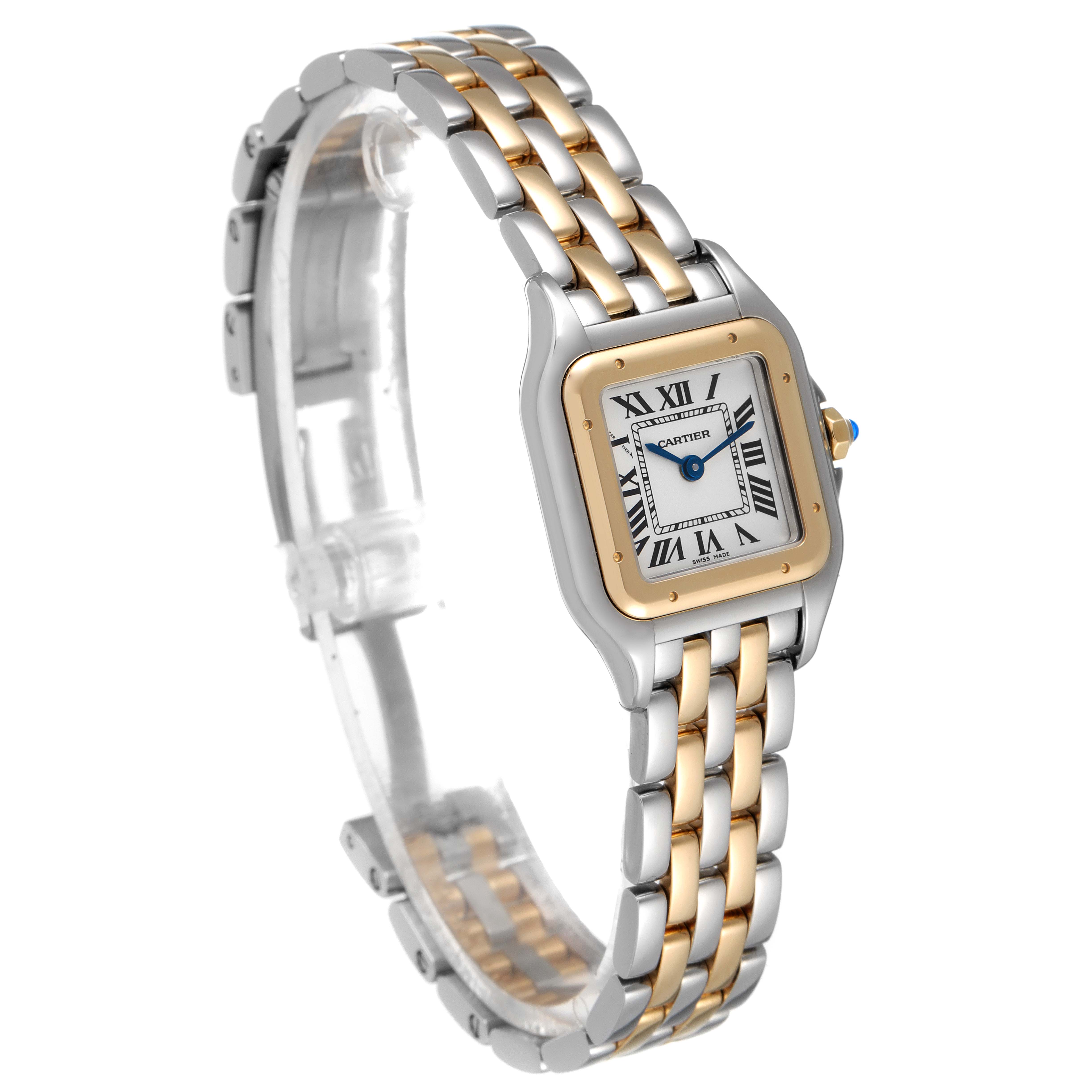 The image shows a Cartier Panthere W2PN0006 Women's Steel and Gold (two tone) Silver Dial W2PN0006 Women's Steel and Gold (two tone) Silver Dial watch at a three-quarter angle highlighting its face, bezel, and two-tone metal bracelet.