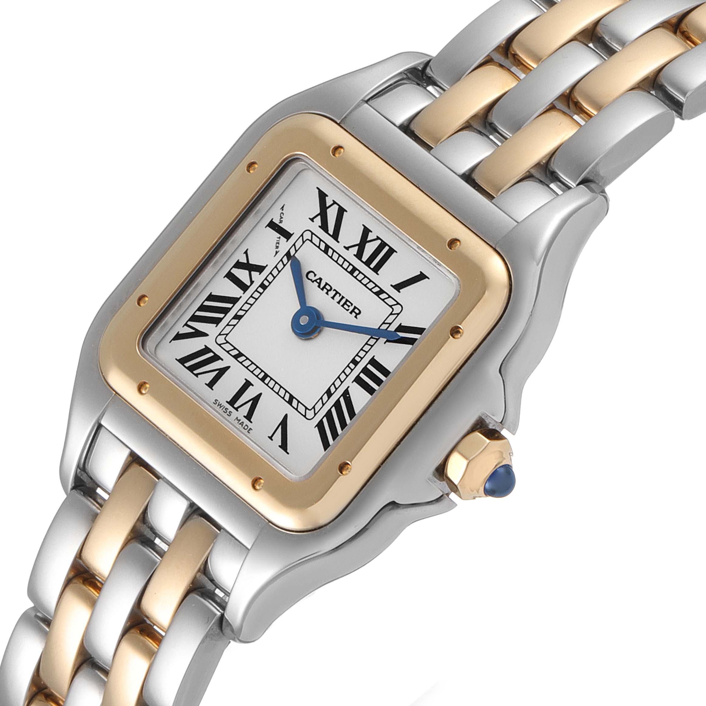 This Panthere model by Cartier is shown from an angled close-up, highlighting its two-tone bracelet and rectangular dial.