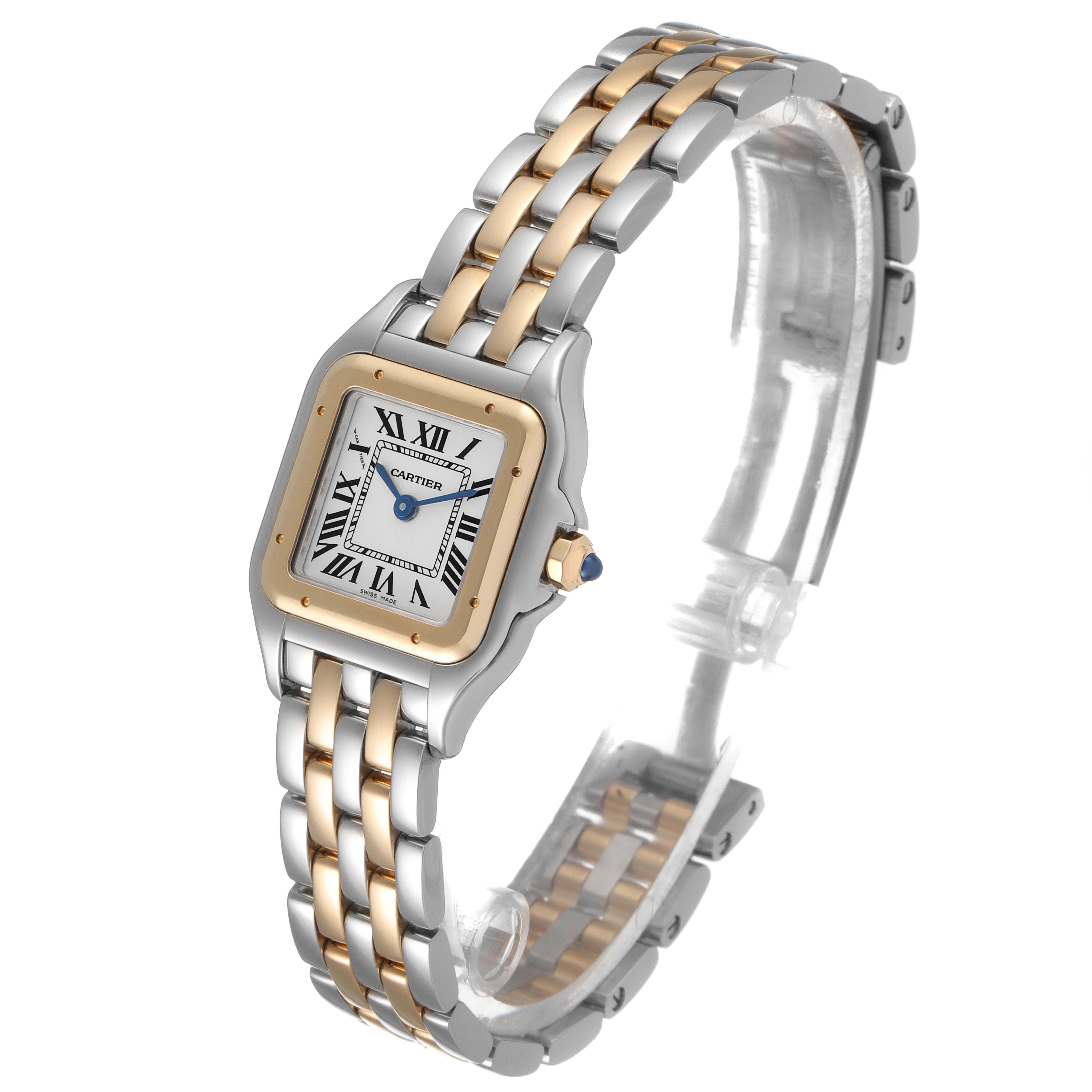 The image shows a side view of a Cartier Panthere W2PN0006 Women's Steel and Gold (two tone) Silver Dial W2PN0006 Women's Steel and Gold (two tone) Silver Dial watch, highlighting its two-tone metal band and square face with Roman numerals.