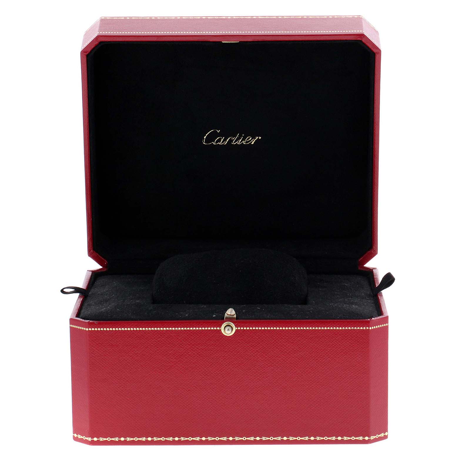 The image shows an open jewelry box for the Cartier Panthere W2PN0006 Women's Steel and Gold (two tone) Silver Dial W2PN0006 Women's Steel and Gold (two tone) Silver Dial model watch, displaying the interior with a black cushion.