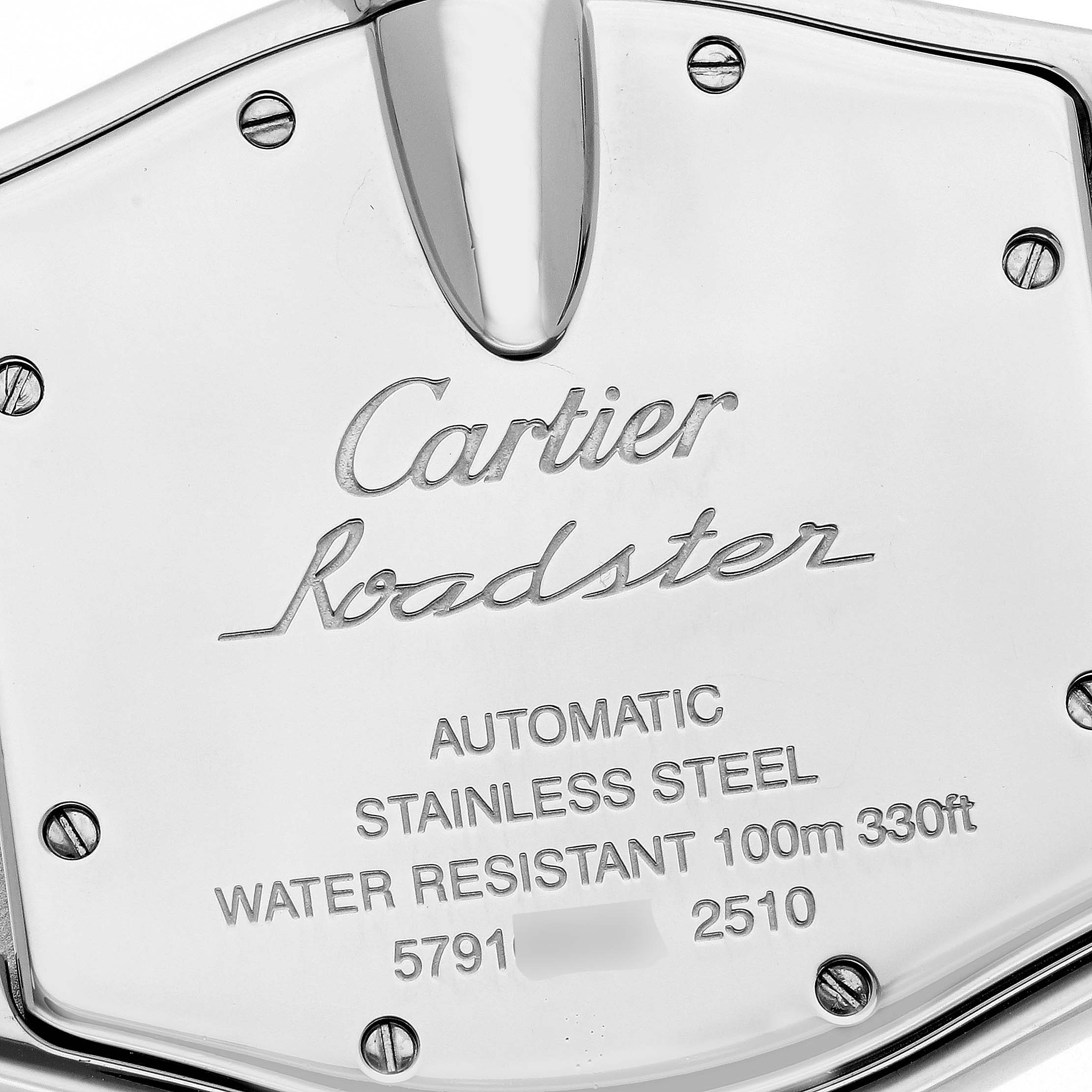 The image shows the back of a Cartier Roadster W62025V3 Men's Stainless Steel Silver Dial W62025V3 Men's Stainless Steel Silver Dial watch, highlighting its stainless steel casing and model information.