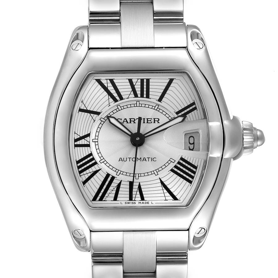 The Cartier Roadster watch is shown from a front view, highlighting its dial, bezel, date window, and stainless steel bracelet.