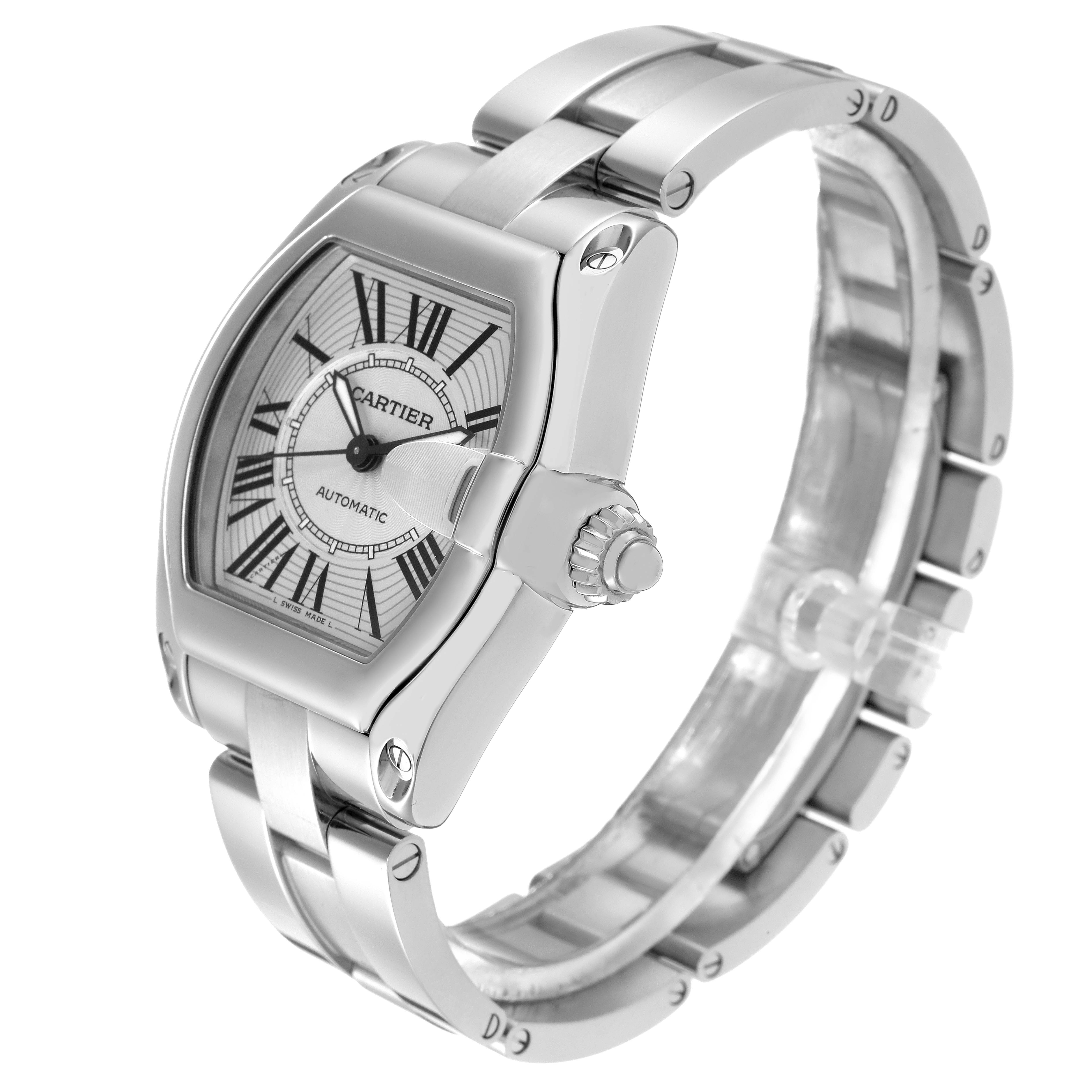 The Cartier Roadster W62025V3 Men's Stainless Steel Silver Dial W62025V3 Men's Stainless Steel Silver Dial watch is shown at a three-quarter angle, highlighting the dial, crown, and part of the bracelet.