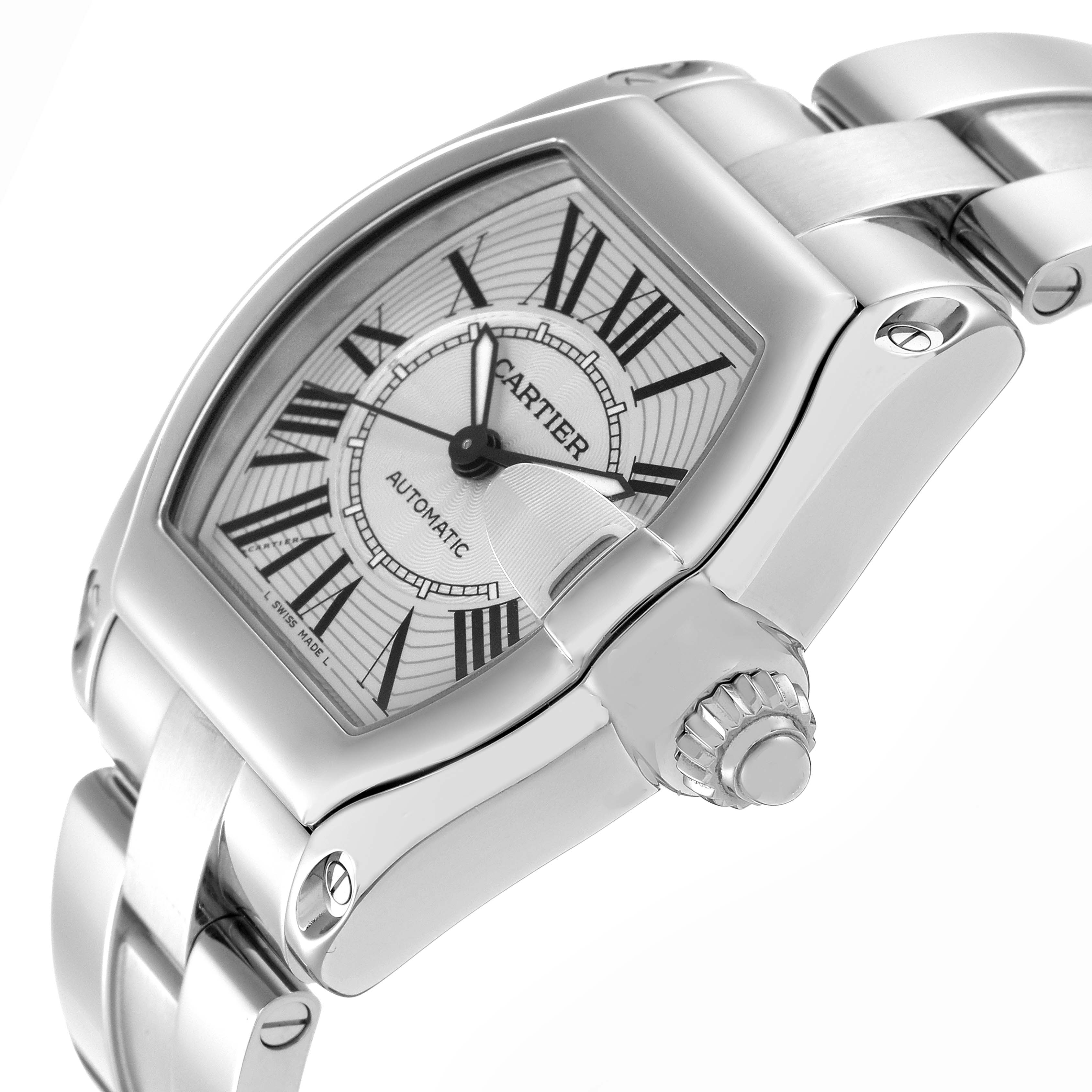 The Cartier Roadster W62025V3 Men's Stainless Steel Silver Dial W62025V3 Men's Stainless Steel Silver Dial watch is shown at an angled side view, depicting the face, bezel, crown, and part of the bracelet.