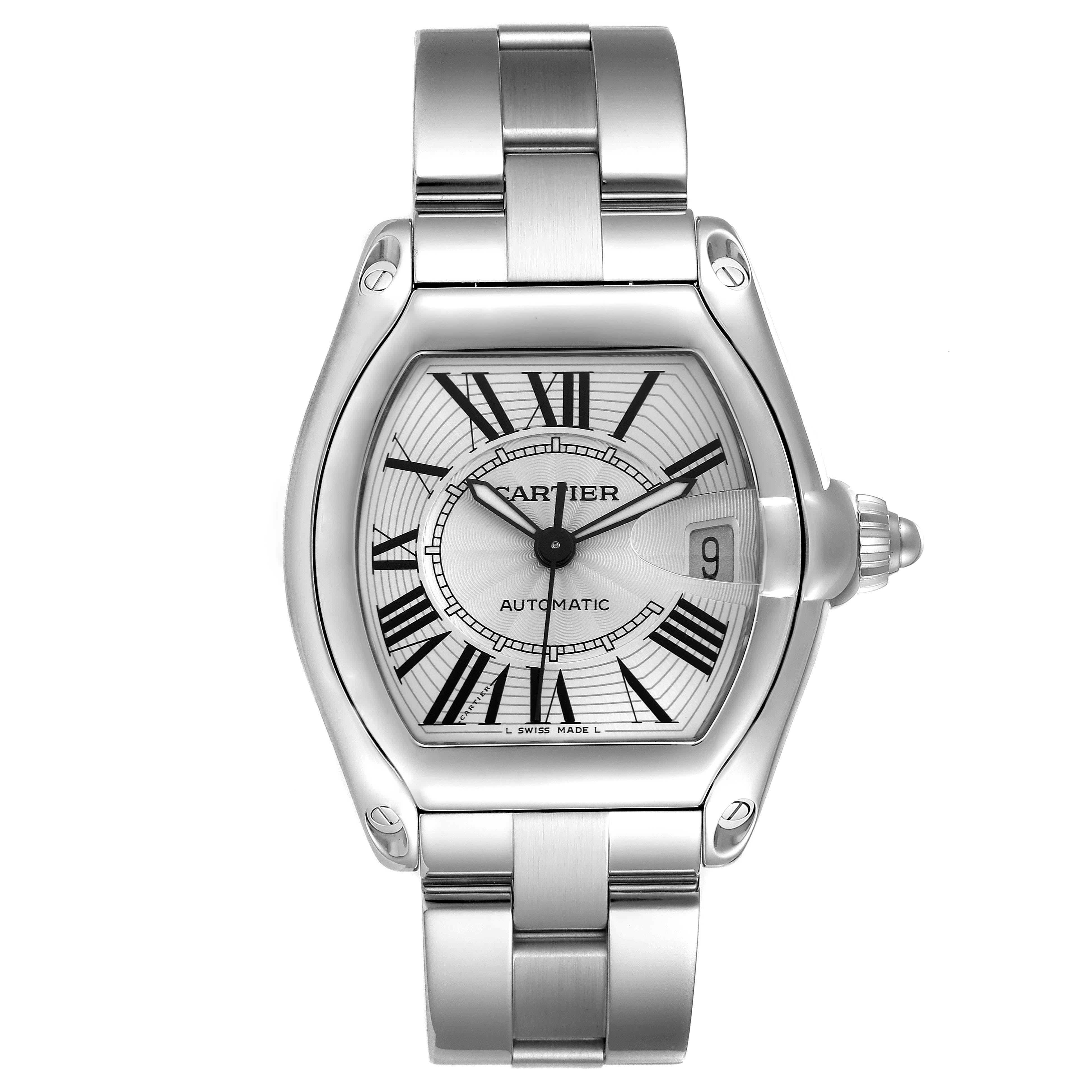The Cartier Roadster W62025V3 Men's Stainless Steel Silver Dial W62025V3 Men's Stainless Steel Silver Dial watch is shown from a top view, highlighting the face, bezel, crown, and bracelet.