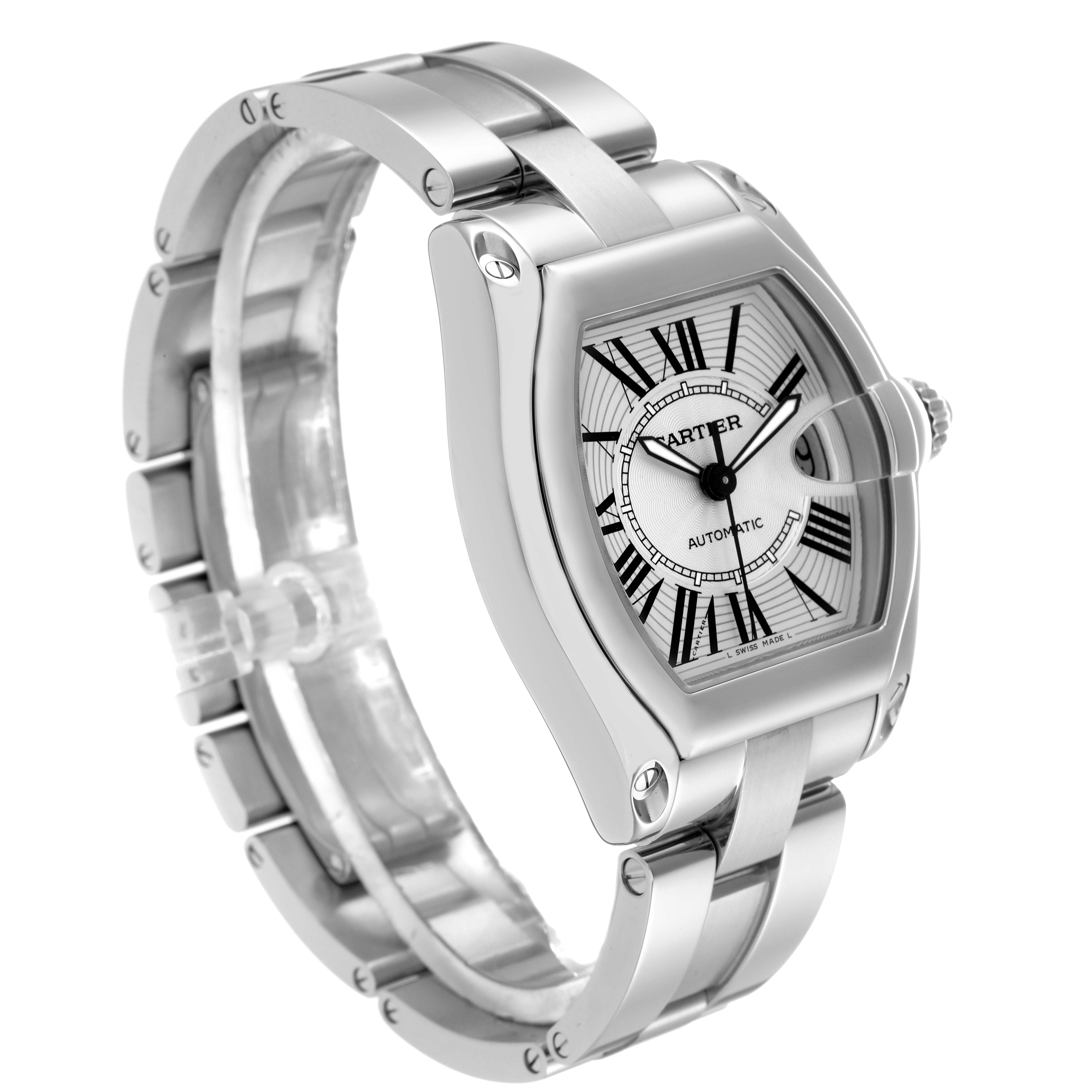 The Cartier Roadster W62025V3 Men's Stainless Steel Silver Dial W62025V3 Men's Stainless Steel Silver Dial watch is shown from a three-quarter angle, highlighting the face, bezel, and bracelet.