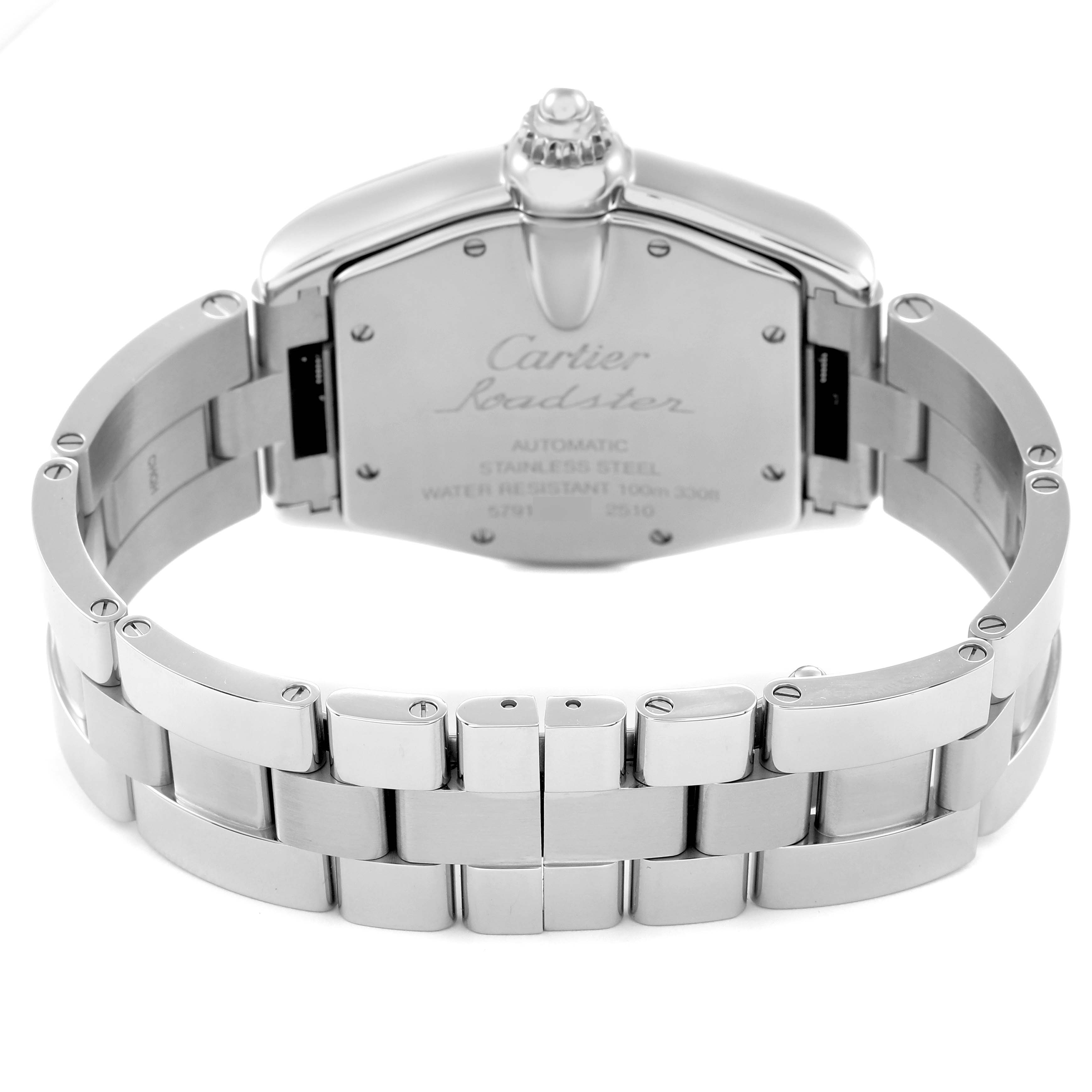 The Cartier Roadster W62025V3 Men's Stainless Steel Silver Dial W62025V3 Men's Stainless Steel Silver Dial watch is shown from the back, highlighting its stainless steel case and bracelet.