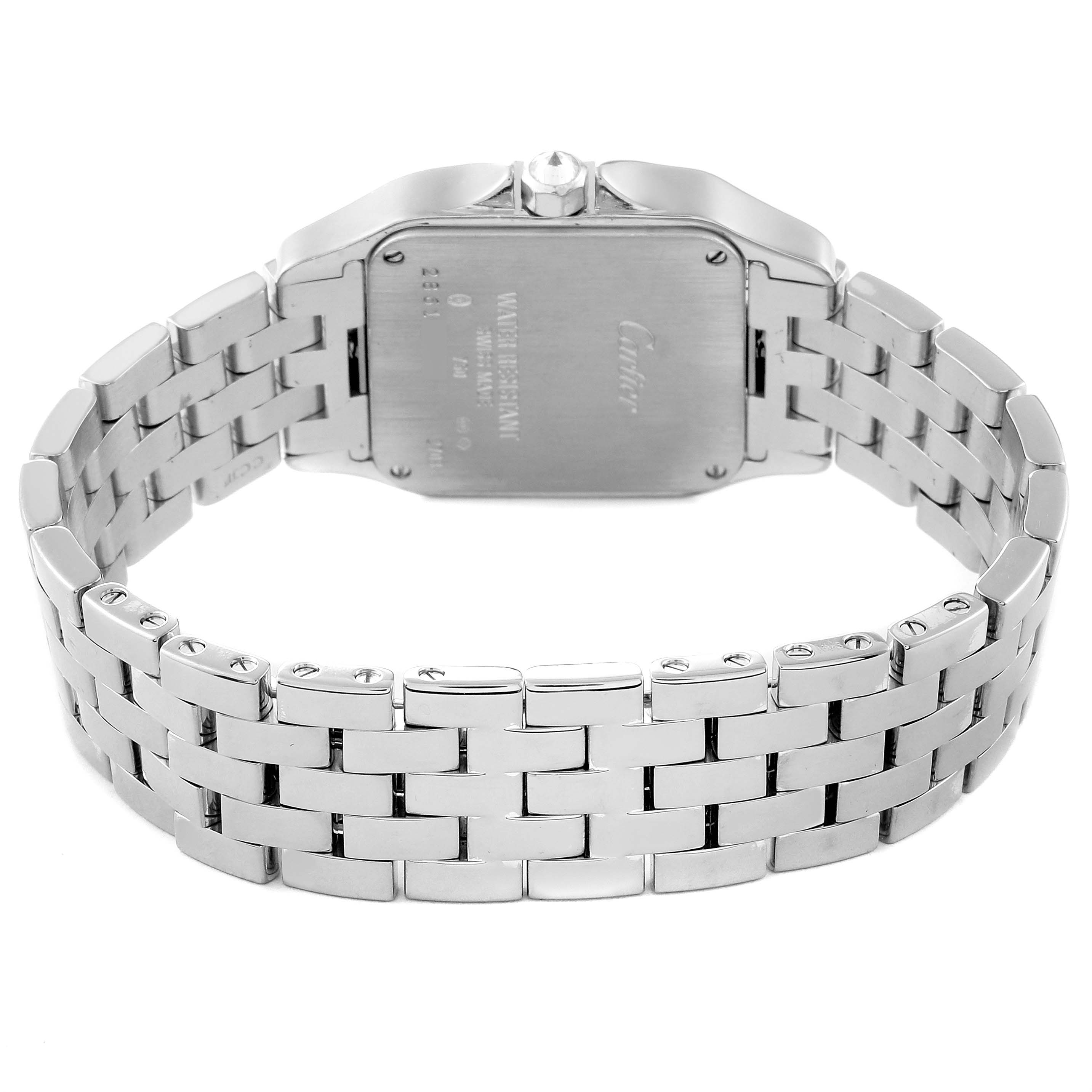 This is a rear view of the Santos Demoiselle by Cartier, showing the back cover and bracelet.
