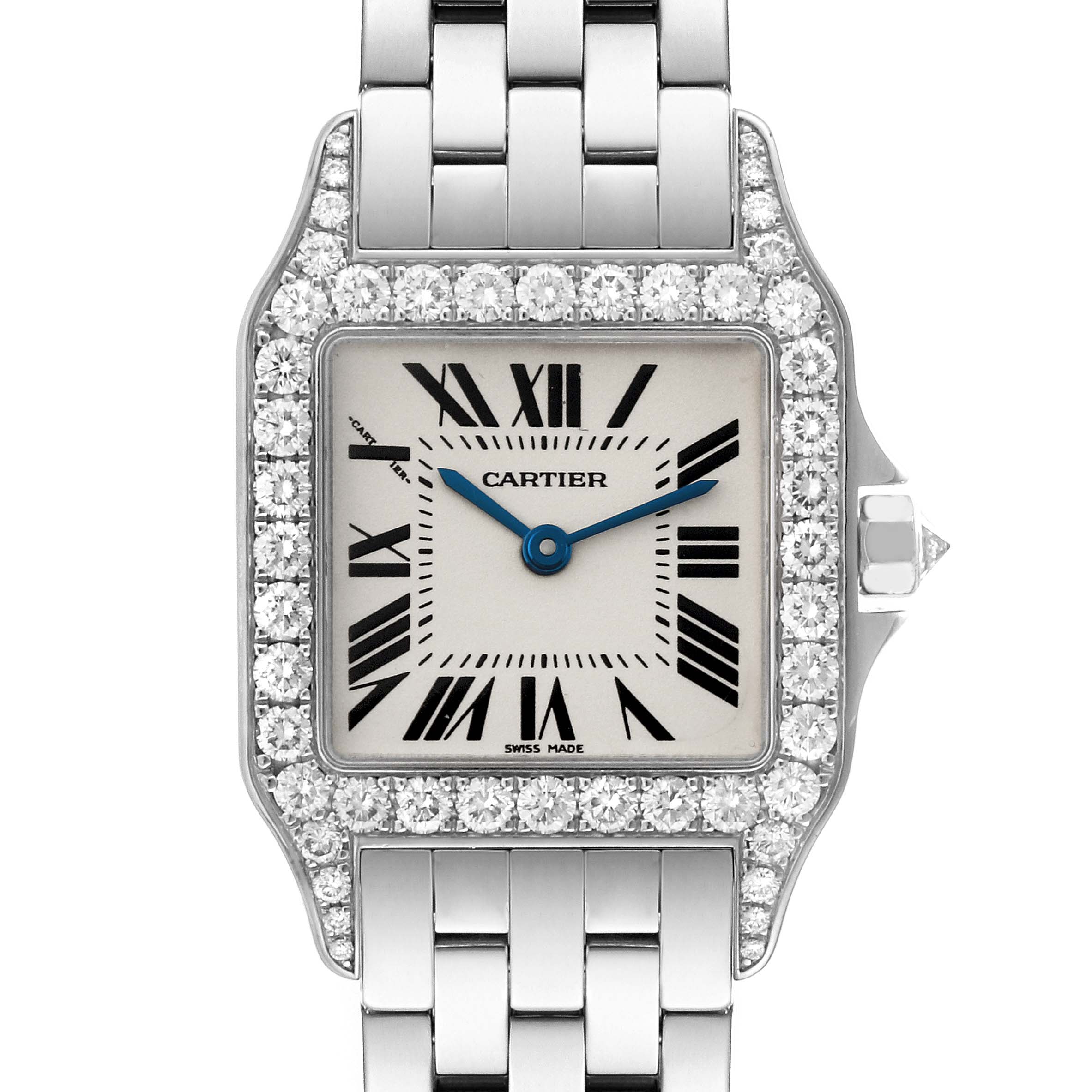 The image shows a close-up front view of the Cartier Santos Demoiselle WF9004Y8 Women
s White Gold Silver Dial WF9004Y8 Women
s White Gold Silver Dial watch, highlighting the face, bezel with diamonds, and part of the bracelet.