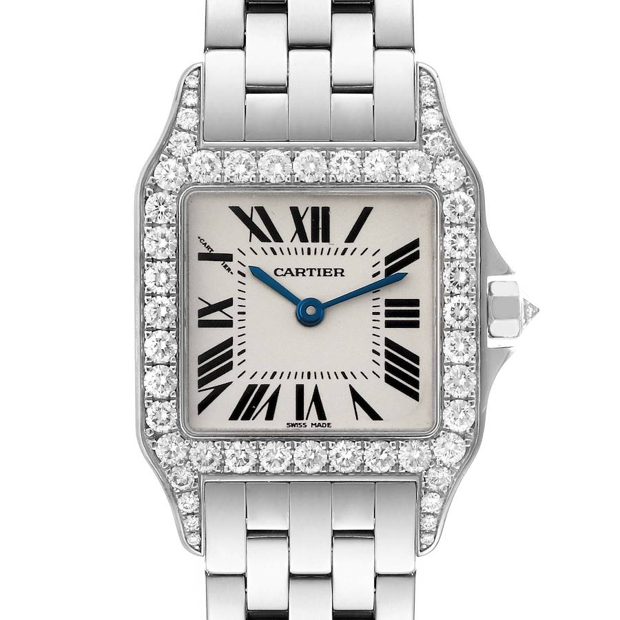 The image shows a close-up front view of the Cartier Santos Demoiselle watch, highlighting the face, bezel with diamonds, and part of the bracelet.